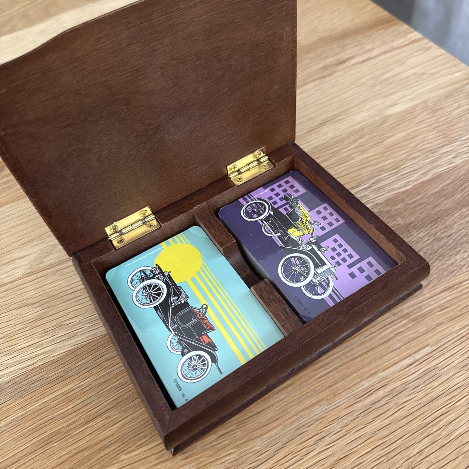 W.A Stratford Sealed Playing Cards Antique Cars Double Wooden Boxed Set VTG 1985 W.A Stratford Sealed Playing Cards Antique Cars Double Wooden Boxed Set VTG 1985