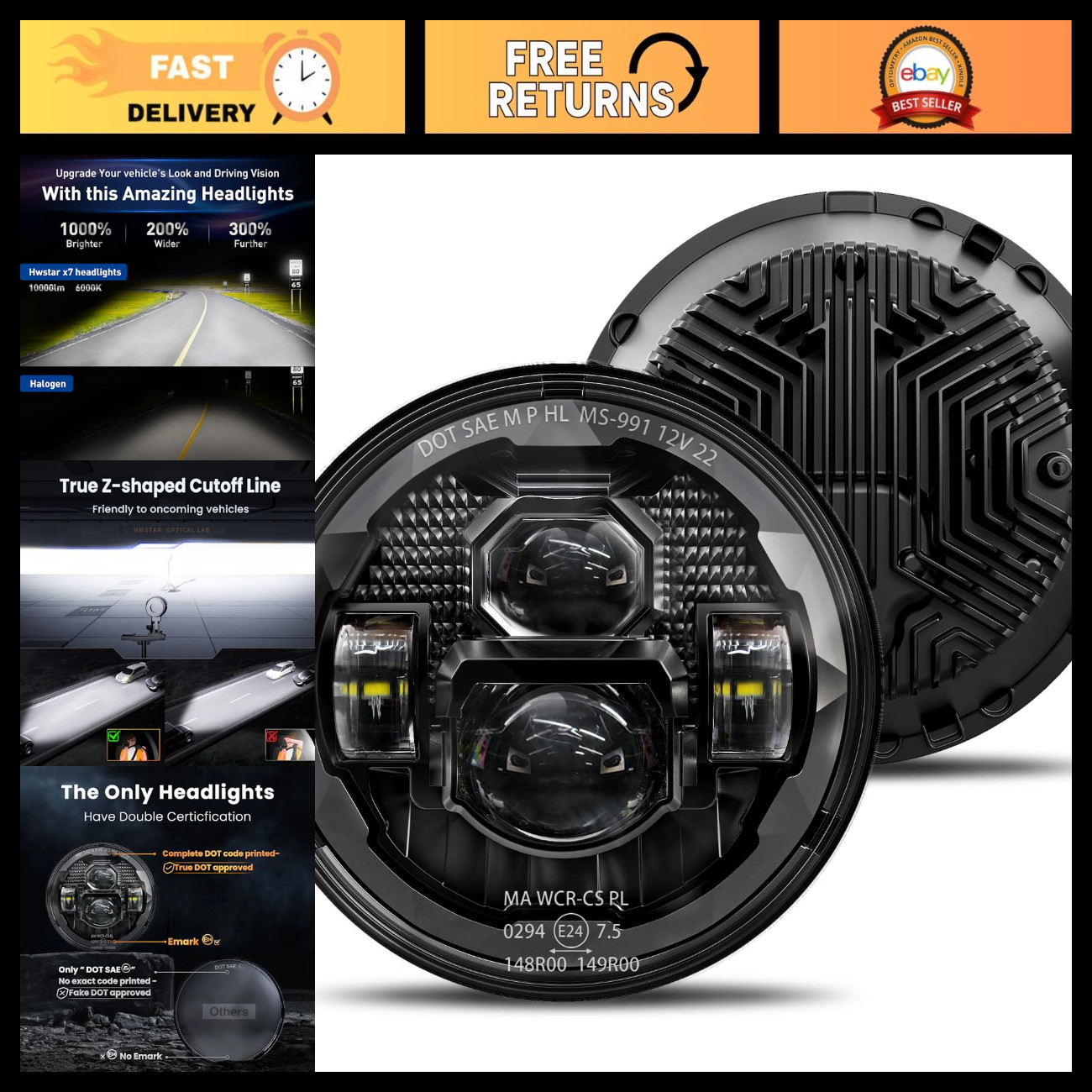 HWSTAR Pair New 1000% Bright Anti-glare 7 Inch Led Headlights Round Compatible w