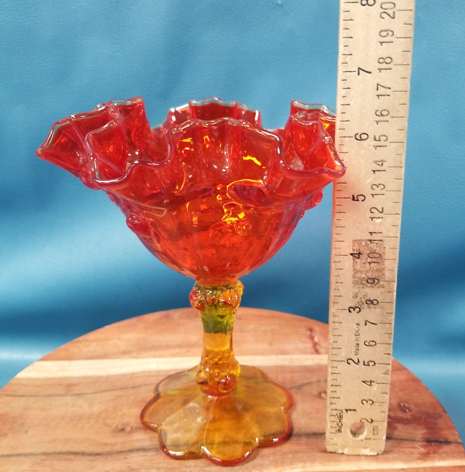 Vintage Fenton Cabbage Rose Amberina Ruffle Orange Glass Compote Pedestal Bowl Vintage Fenton Cabbage Rose Amberina Ruffle Orange Glass Compote Pedestal Bowl