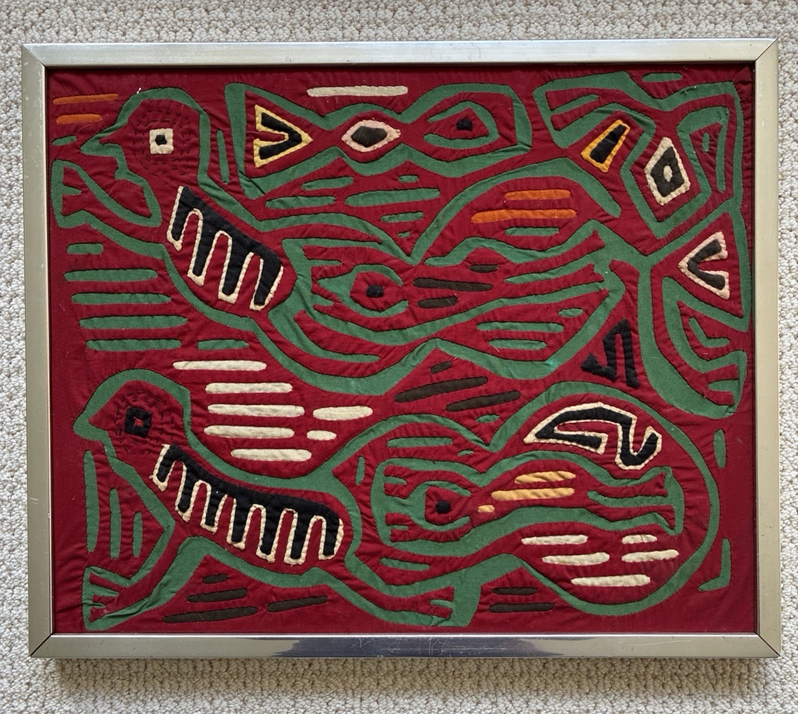 Vintage Guna (Kuna) Mola Bird And Geometric Patterns Red And Green Framed Vintage Guna (Kuna) Mola Bird And Geometric Patterns Red And Green Framed