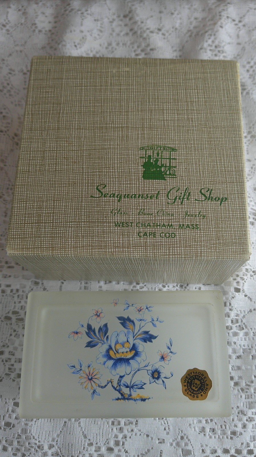 Vintage Westmoreland Frosted Glass Vanity Trinket Box Blue Floral MIB-NOS Vintage Westmoreland Frosted Glass Vanity Trinket Box Blue Floral MIB-NOS