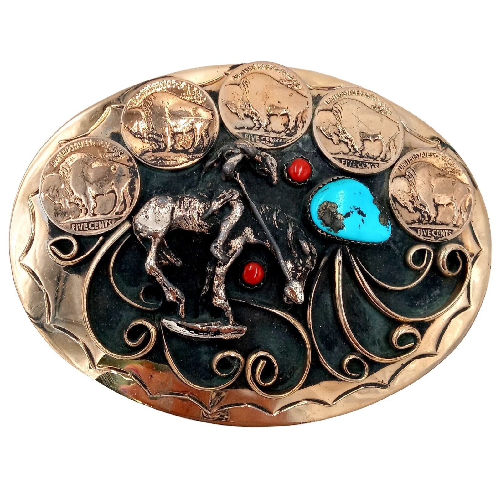 End Of The Trail Belt Buckle Buffalo Nickels Turquoise Coral Western Rockabilly