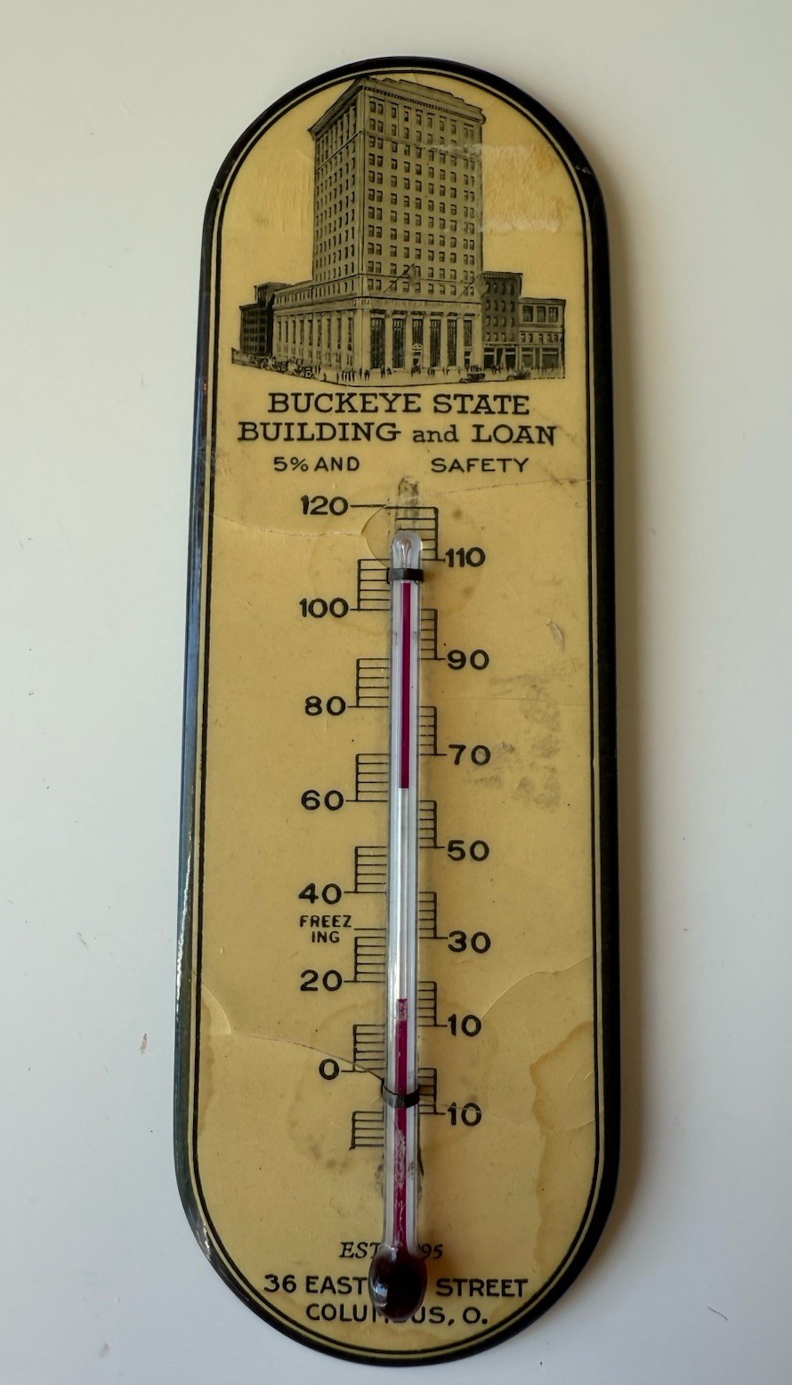 Vintage Celluloid Advertising Thermometer Buckeye State Building & Loan Columbus Vintage Celluloid Advertising Thermometer Buckeye State Building & Loan Columbus