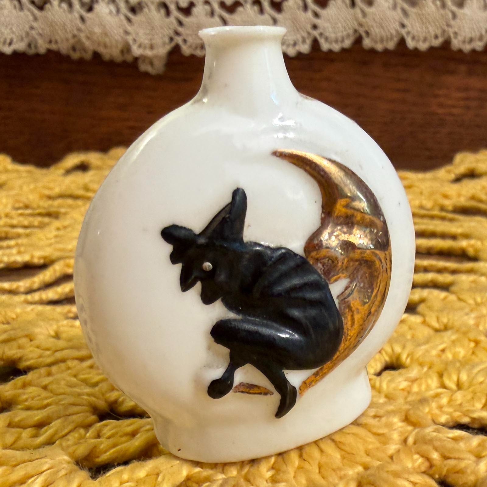 Antique Halloween Milk Glass Perfume Bottle w/ Witch & Golden Moon Germany 1930s