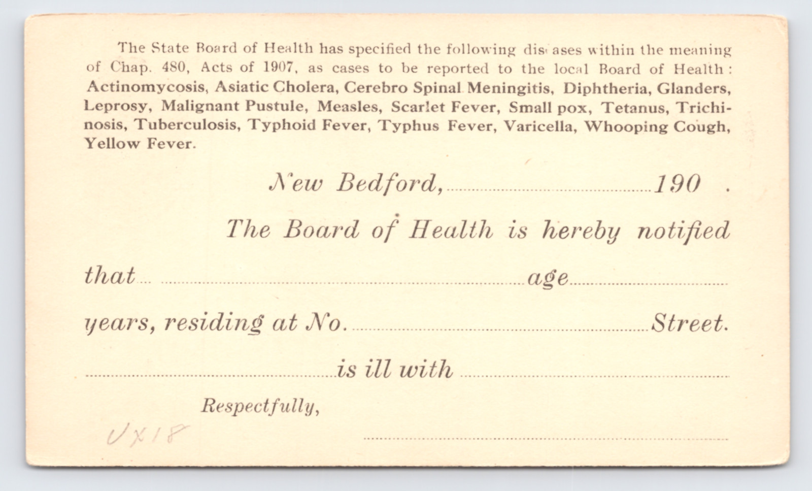 c1907 New Bedford Board of Health Disease Report Postal Card New Bedford MA c1907 New Bedford Board of Health Disease Report Postal Card New Bedford MA
