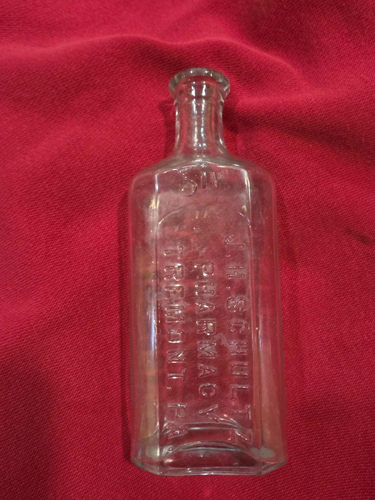 Vintage J H Schultz  Pharmacy  Tremont Pa Embossed Clear Glass Medicine Bottle