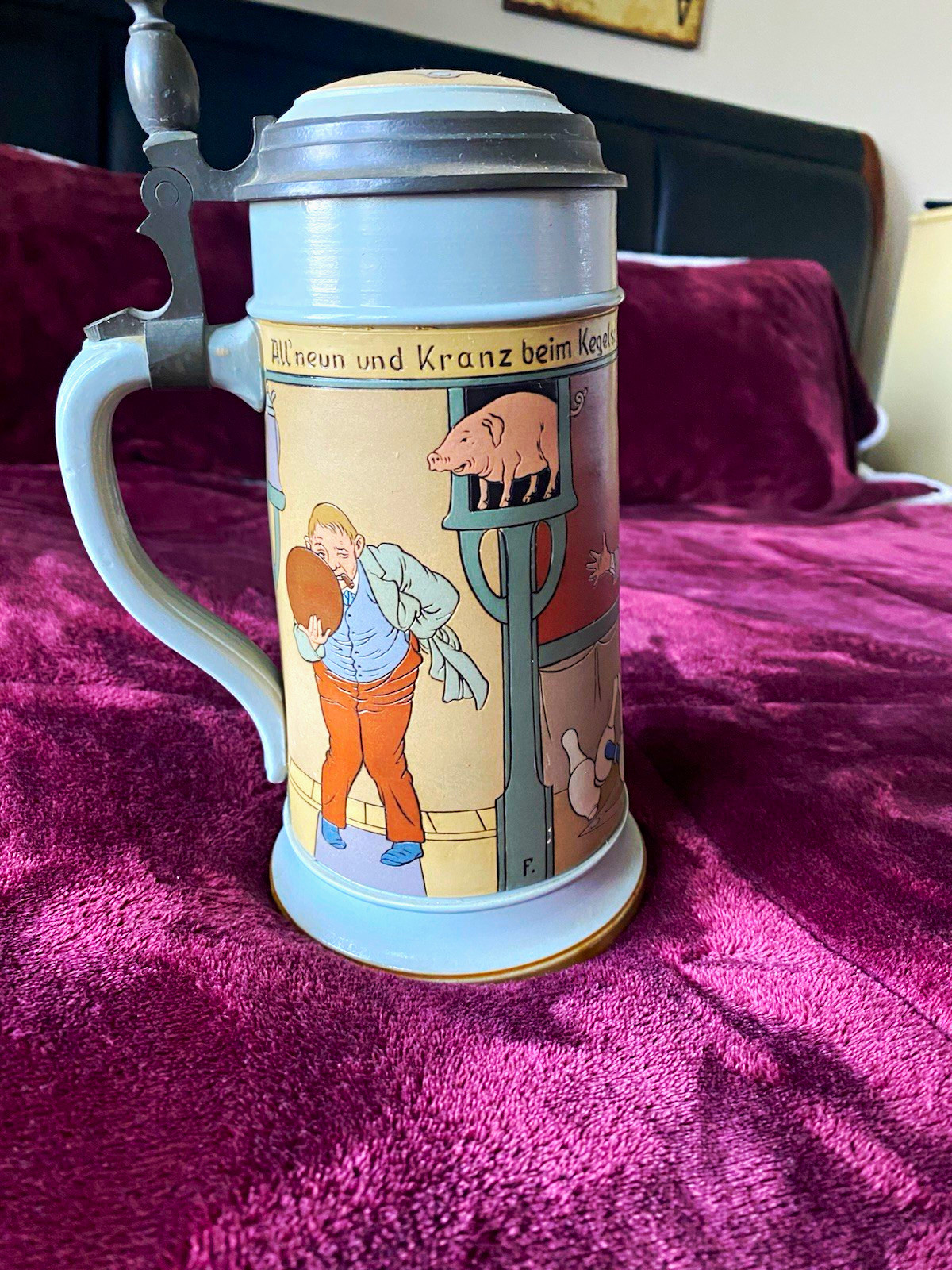 Mettlach German Lidded Beer Stein 1L Hinged Pewter Lid Bowling Scene #2959 Mettlach German Lidded Beer Stein 1L Hinged Pewter Lid Bowling Scene #2959