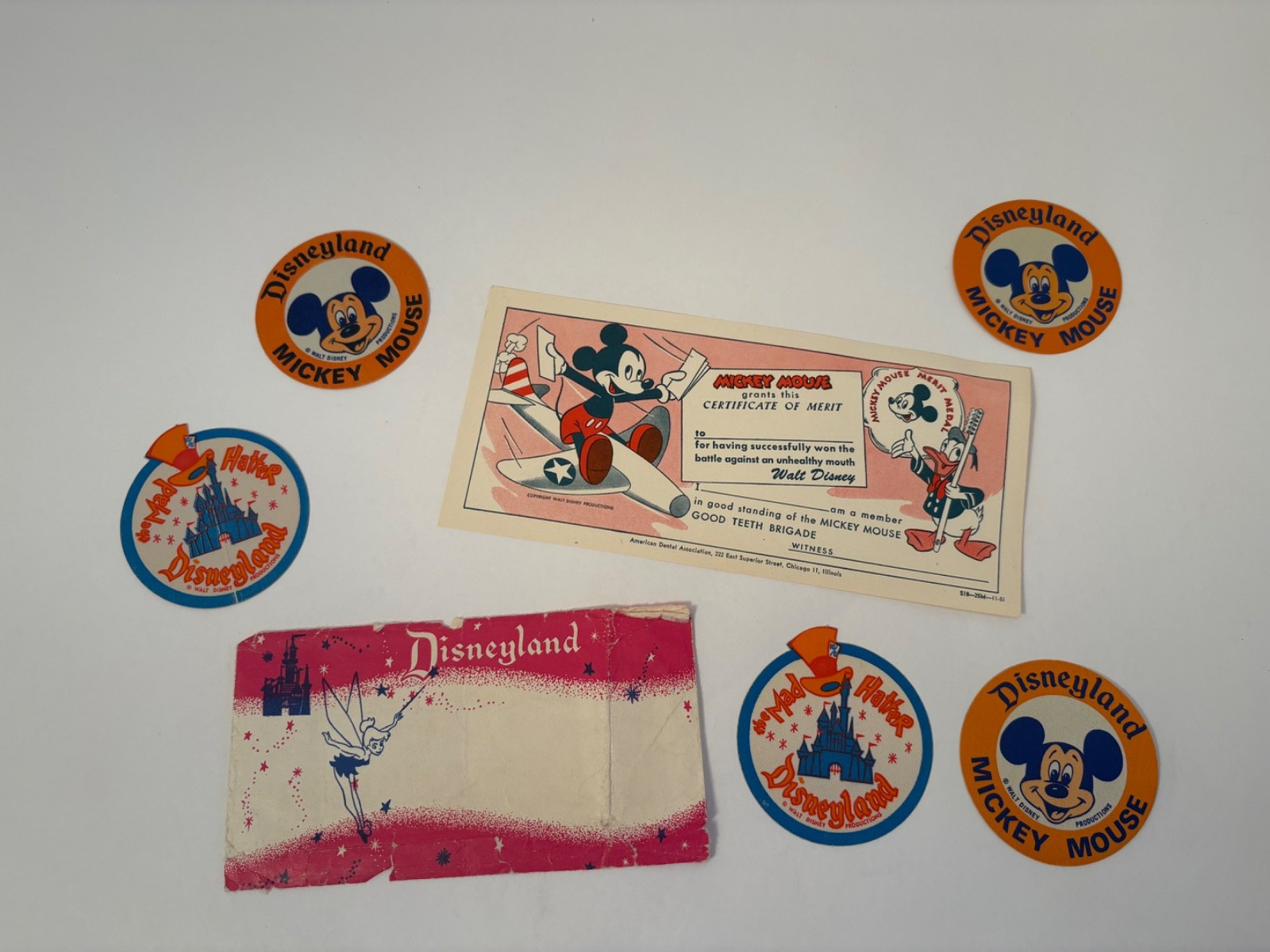 Vintage Disneyland Stickers, ticket envelope, certificate of merit Vintage Disneyland Stickers, ticket envelope, certificate of merit