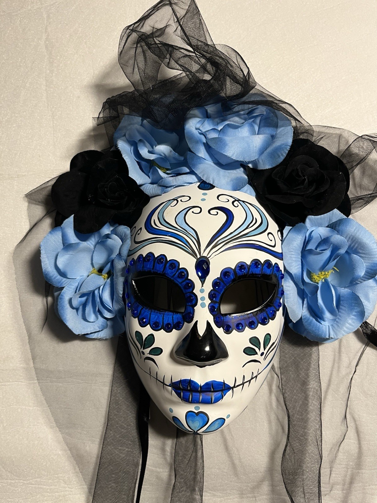 Day of the Dead Sugar Skull Mask Blue Black Flowers Long Veil Dia de los Muertos Day of the Dead Sugar Skull Mask Blue Black Flowers Long Veil Dia de los Muertos