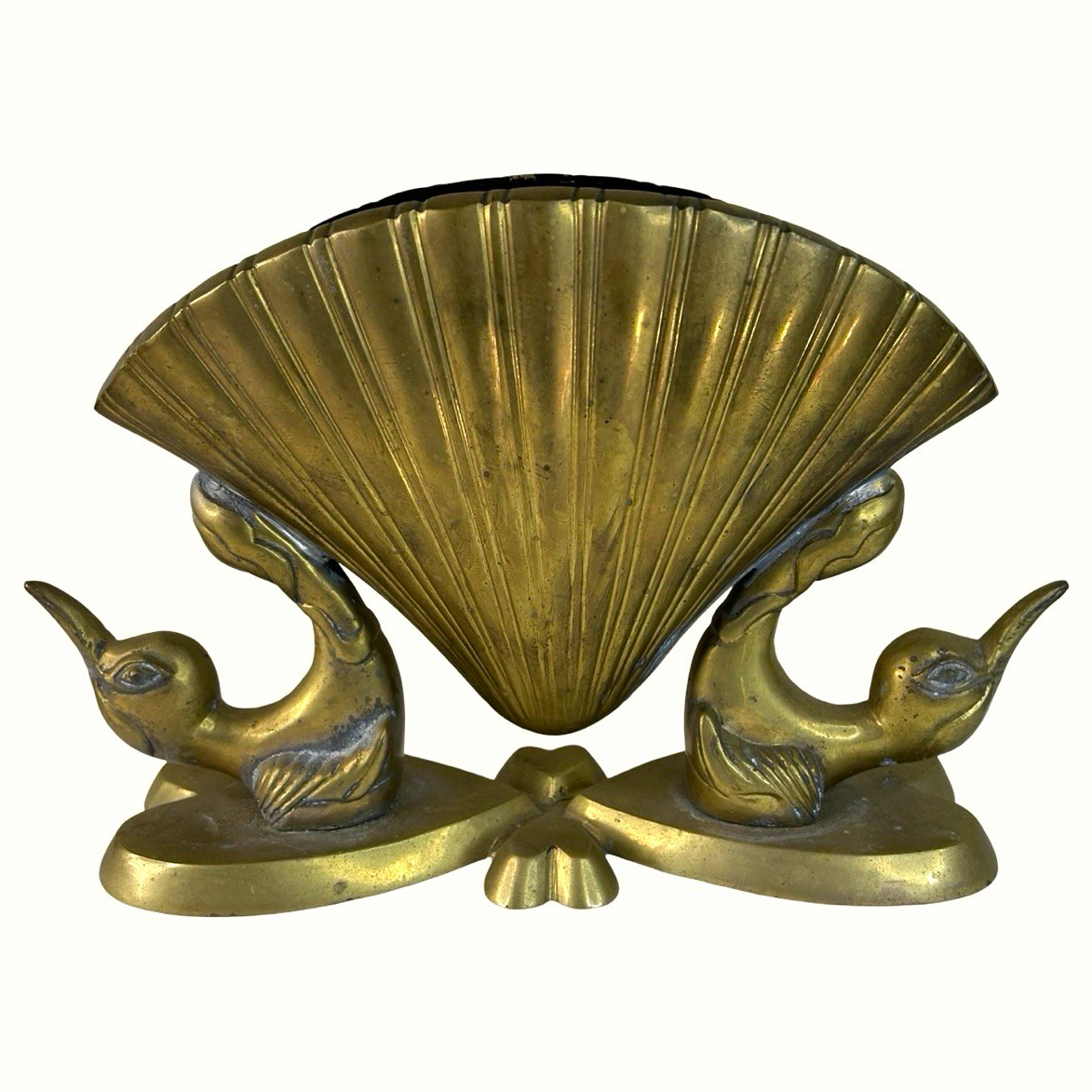 Vintage Large Heavy Brass Scalloped Planter w/ Birds Heart Design 14” Vintage Large Heavy Brass Scalloped Planter w/ Birds Heart Design 14”