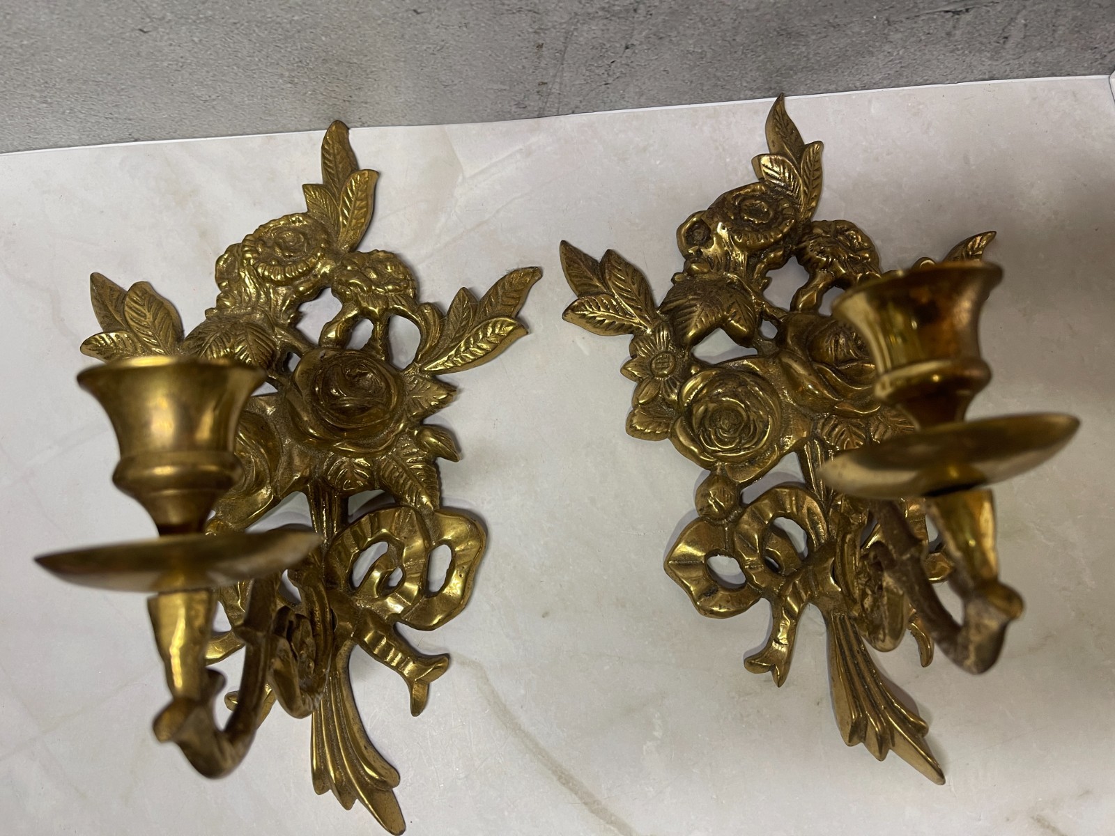 Hollywood Regency Brass Wall Candle Sconces Pair Ribbon Bow Rose Flower Vintage Hollywood Regency Brass Wall Candle Sconces Pair Ribbon Bow Rose Flower Vintage