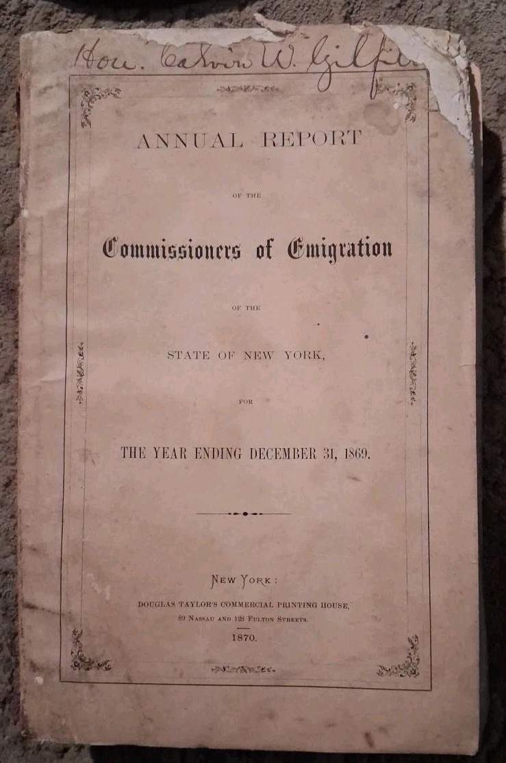 1870 Castle Garden NY Immigration Report 1869 Pre Ellis Island Antique Original