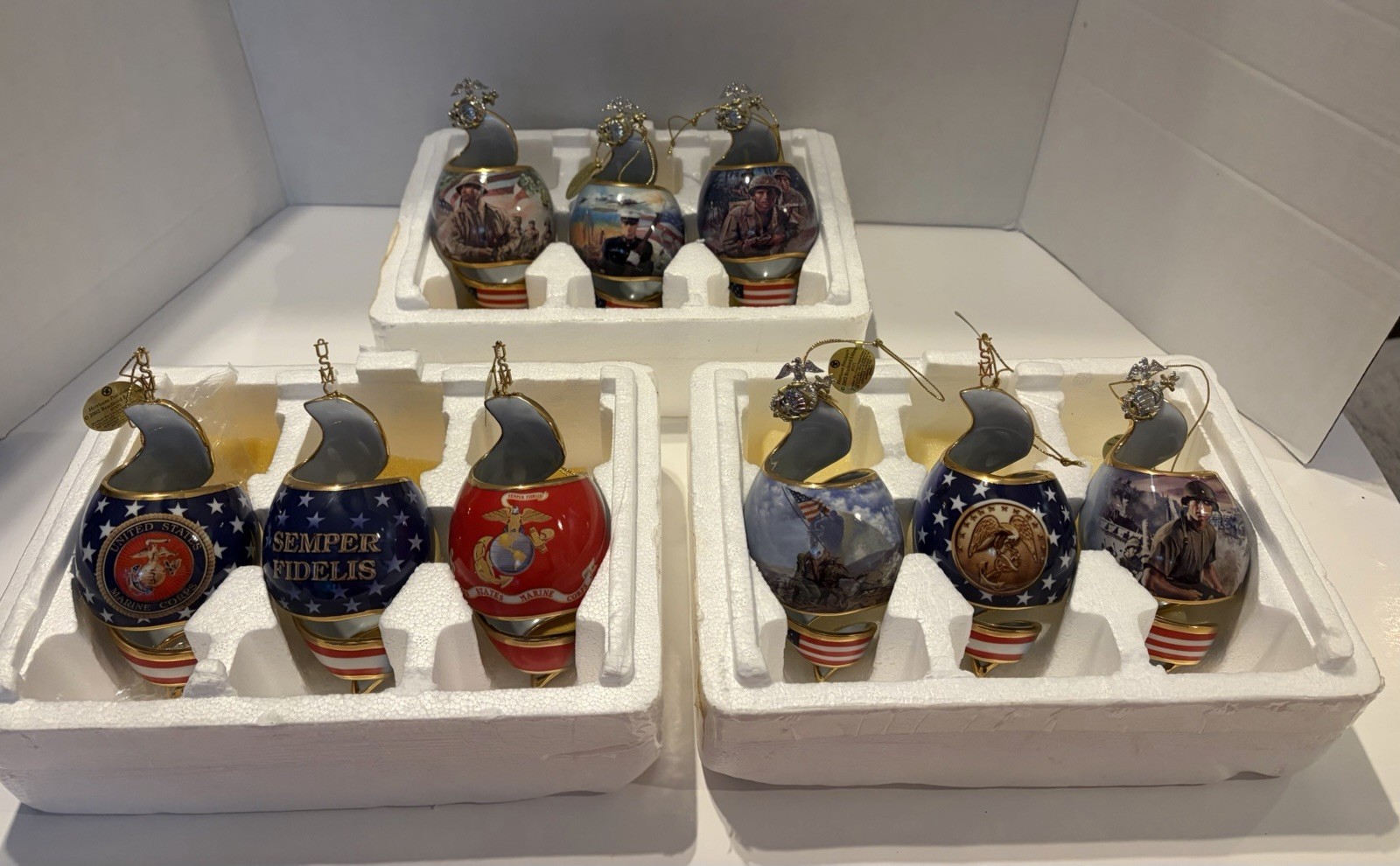 Bradford Editions 2002 Set Of 9 Ornaments USMC US Marines Limited Flag