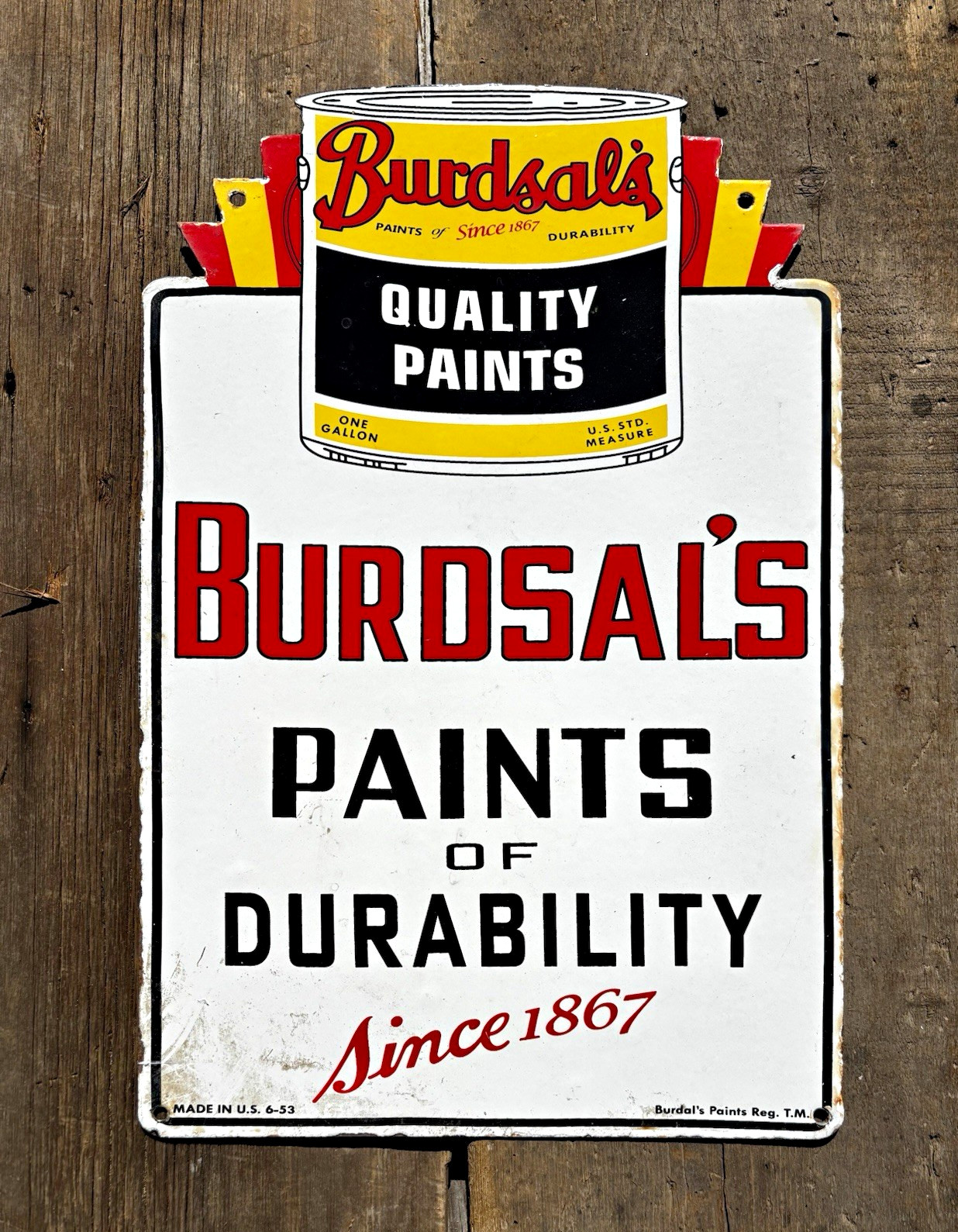 Vintage 1953 Burdsals Paints Porcelain Sign Die Cut Double Sided Gas Oil 18”x12” Vintage 1953 Burdsals Paints Porcelain Sign Die Cut Double Sided Gas Oil 18”x12”