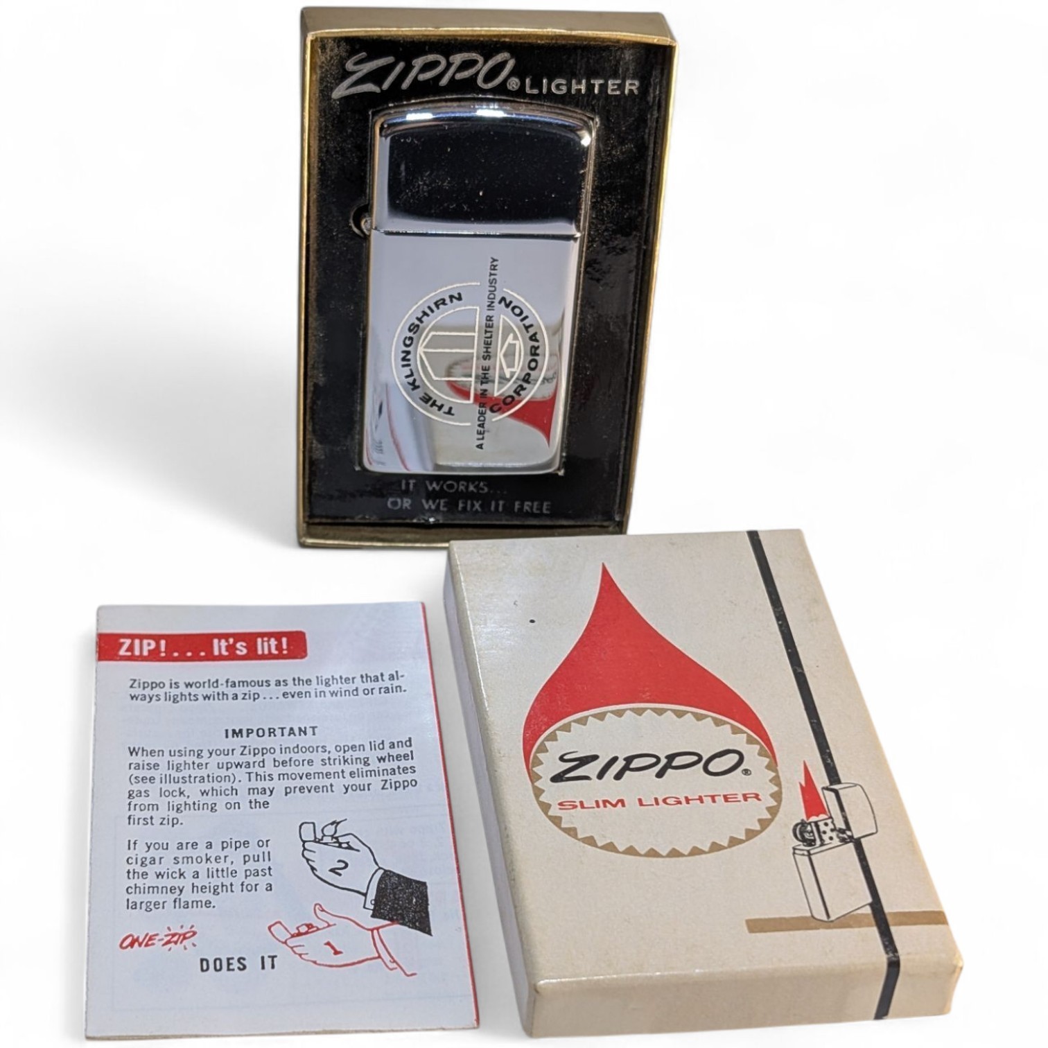 Zippo Slim Vintage 1972 Lighter NEW IN BOX The Klingshirn Corporation Shelter\'s Zippo Slim Vintage 1972 Lighter NEW IN BOX The Klingshirn Corporation Shelter\'s