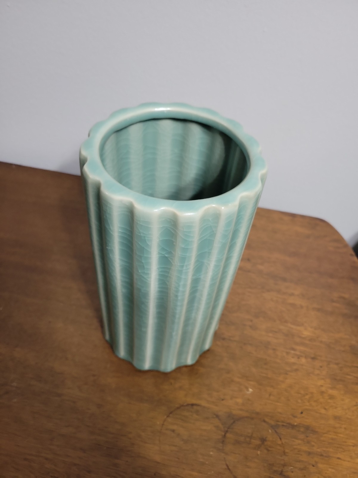 Vintage Celadon Green Ceramic Vase with Ribbed Design Vintage Celadon Green Ceramic Vase with Ribbed Design