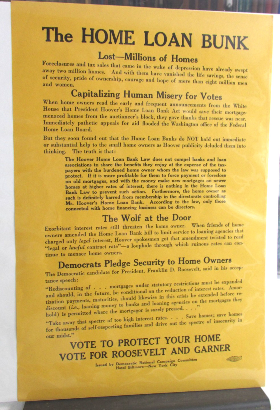 1932 FRANKLIN ROOSEVELT GARNER Campaign Broadside Vote To Protect Your Home Vote 1932 FRANKLIN ROOSEVELT GARNER Campaign Broadside Vote To Protect Your Home Vote