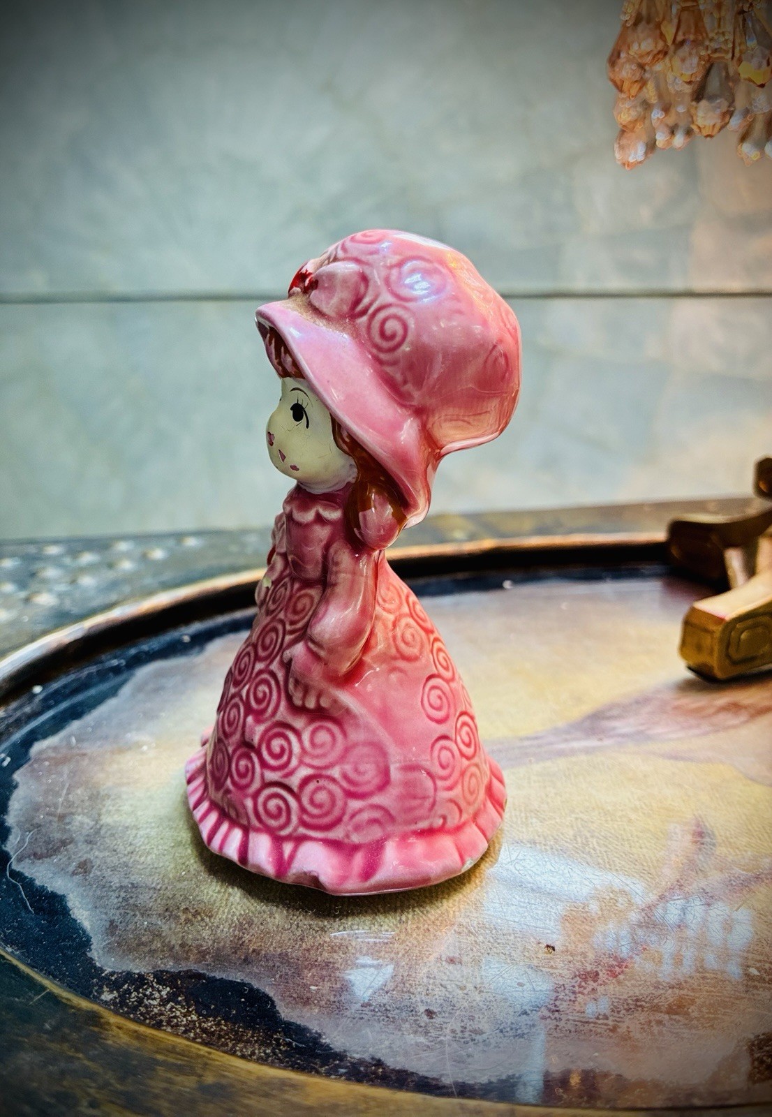 Vntg Japan Pink Bonnet Girl Swirl Dress MCM Kawaii Ceramic Figurine 1950s Kitsch