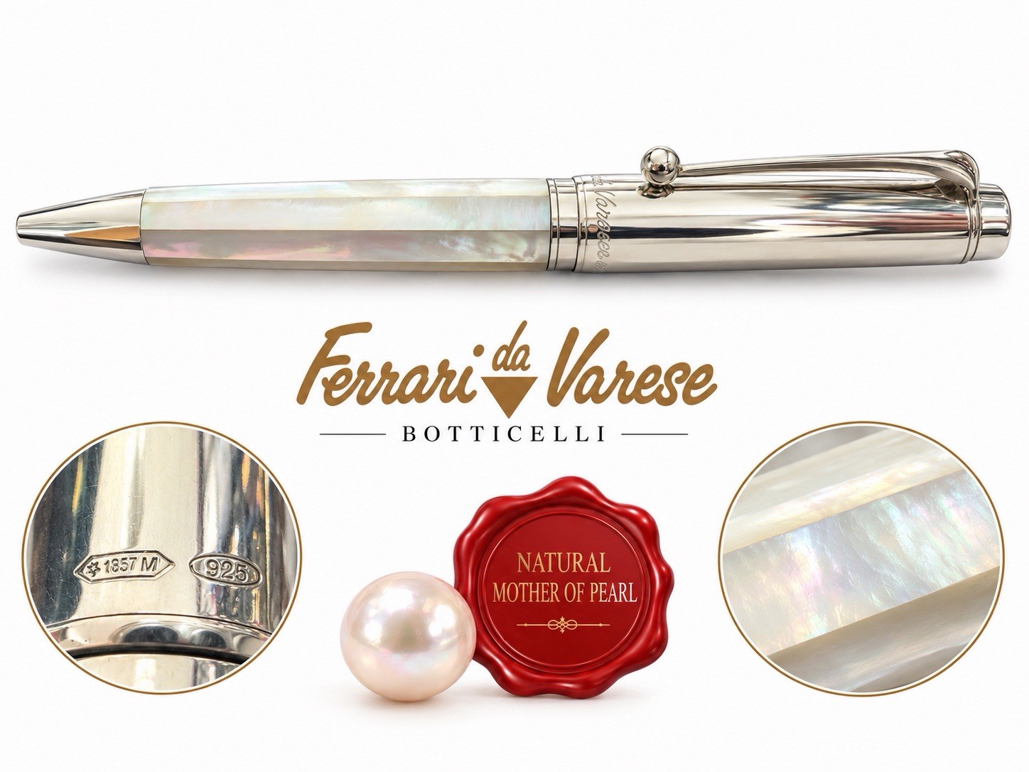 FERRARI DA VARESE Sterling Silver 925 Capped Pearl Facets Pen, Vintage 1980s Box