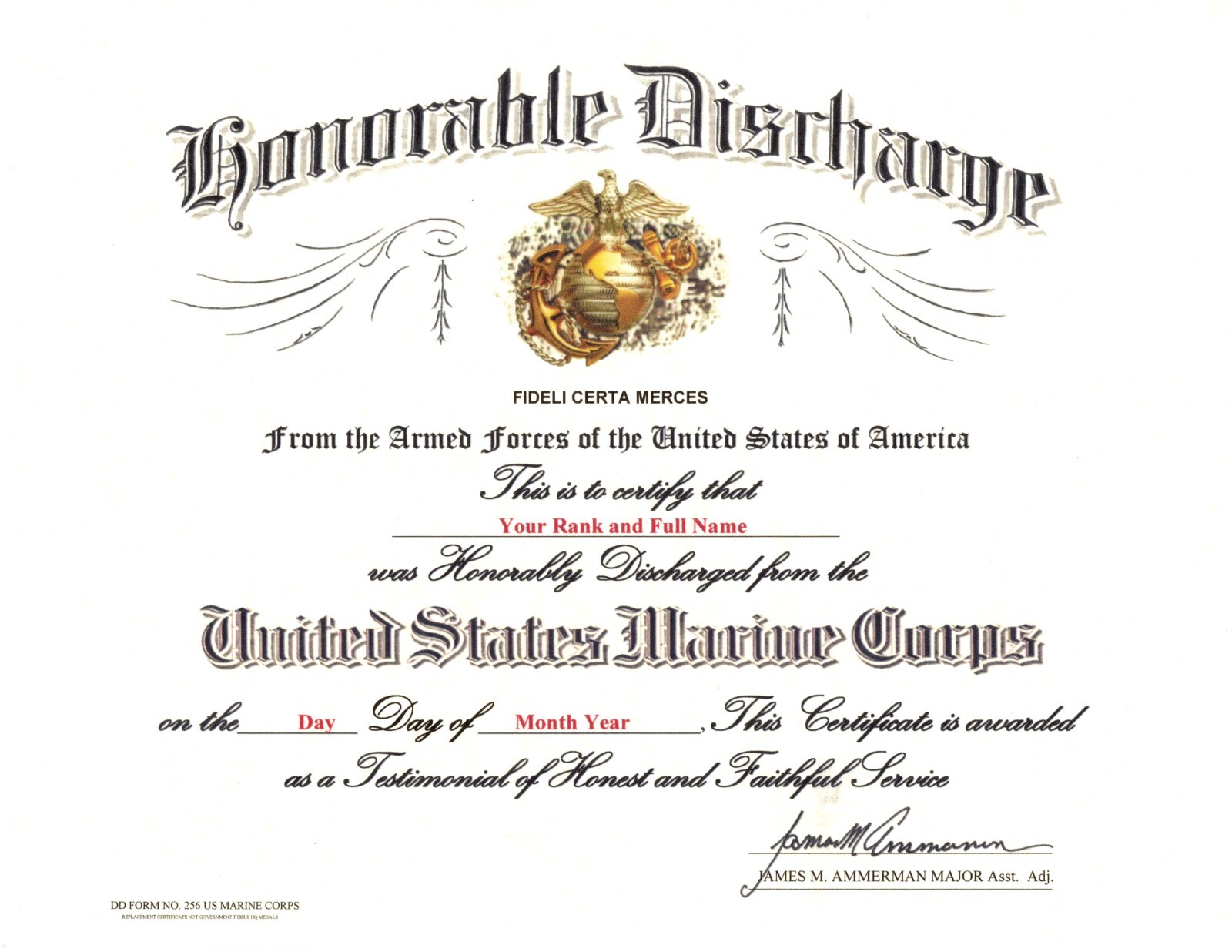 US Marine Corps Honorable Discharge replacement certificate US Marine Corps Honorable Discharge replacement certificate