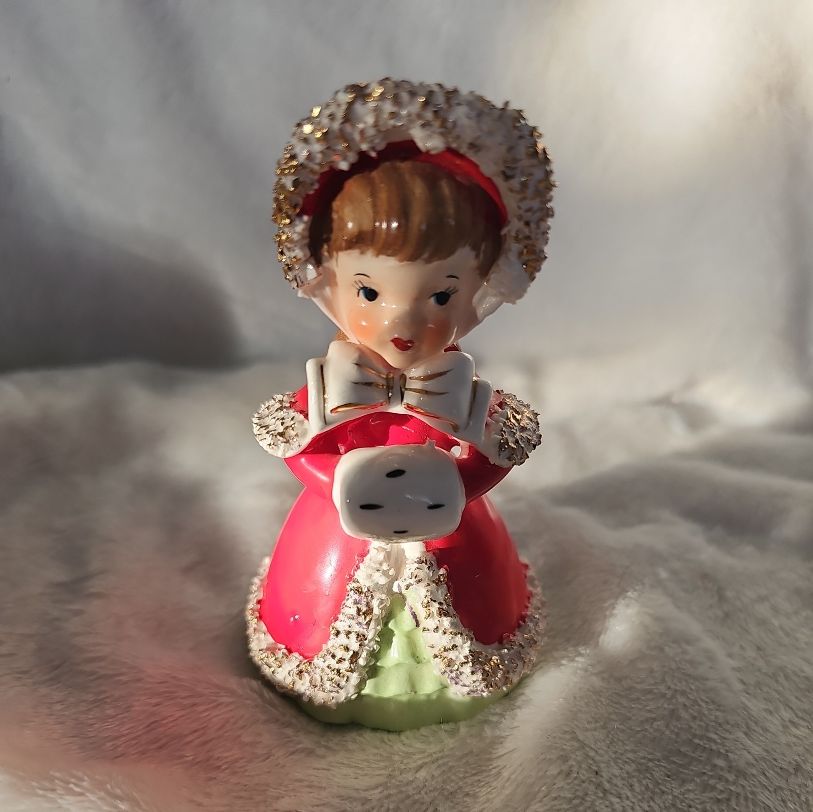 Vtg 1956 Lefton\'s Exclusive Signed Christmas Girl Bell MCM Spaghetti Trim