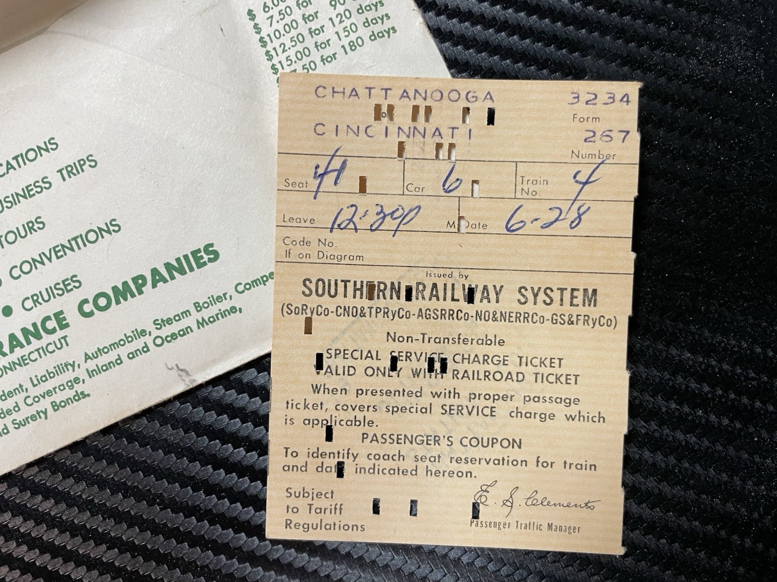 1956 Southern Railway Royal Palm Ticket Chattanooga Cincinnati With Envelope 1956 Southern Railway Royal Palm Ticket Chattanooga Cincinnati With Envelope