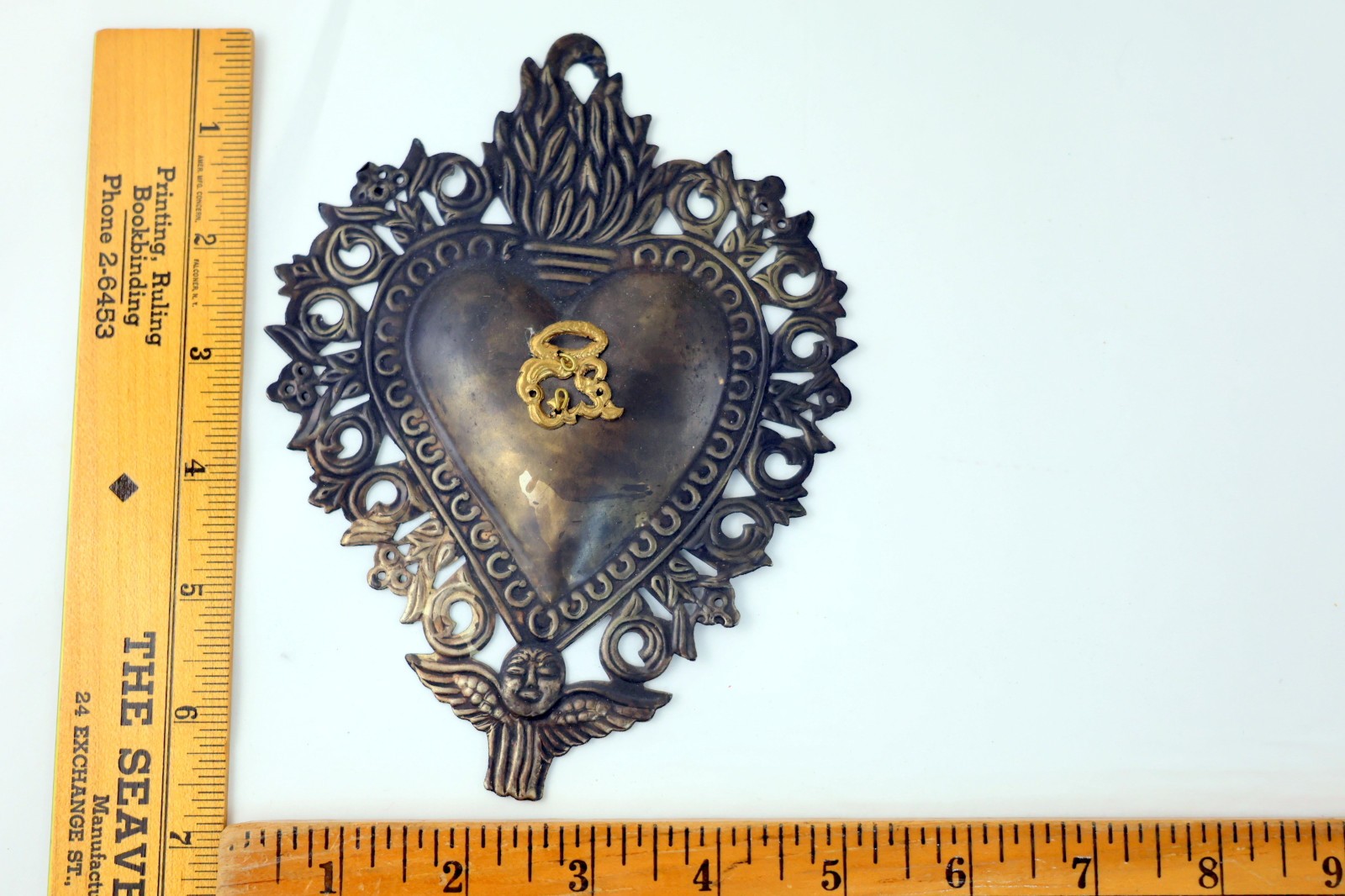 Antique Italian Silver Plated Tin Ex Voto Votive Flaming Heart with Cherub