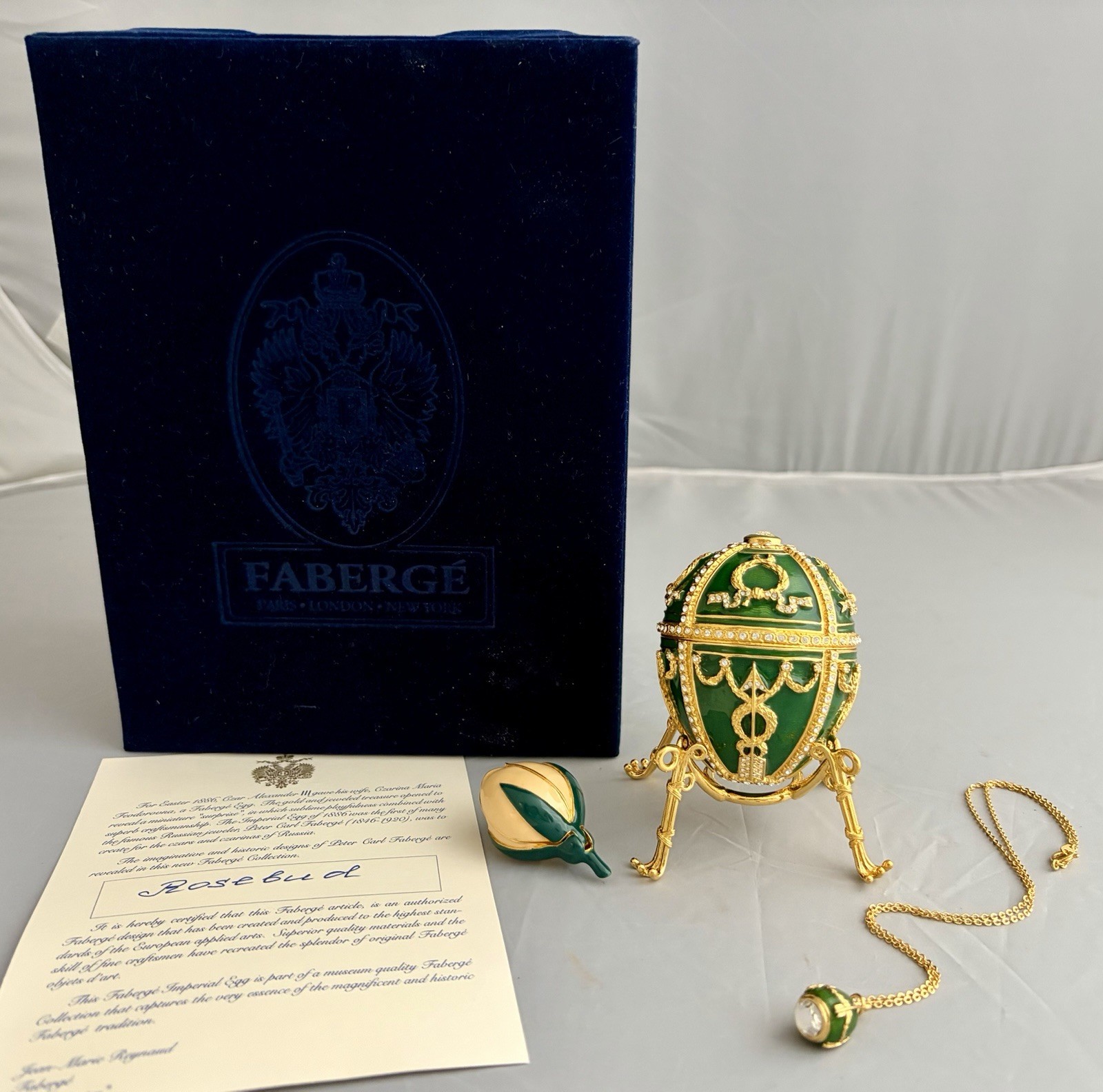 MIB FABERGE IMPERIAL GREEN ROSEBUD EGG w ROSE AND NECKLACE COA MUSEUM QUALITY