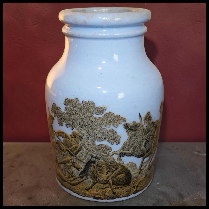 Antique Circa 1880 English Prattware Pottery Blue Boar Hunt Scene Mustard Jar Antique Circa 1880 English Prattware Pottery Blue Boar Hunt Scene Mustard Jar