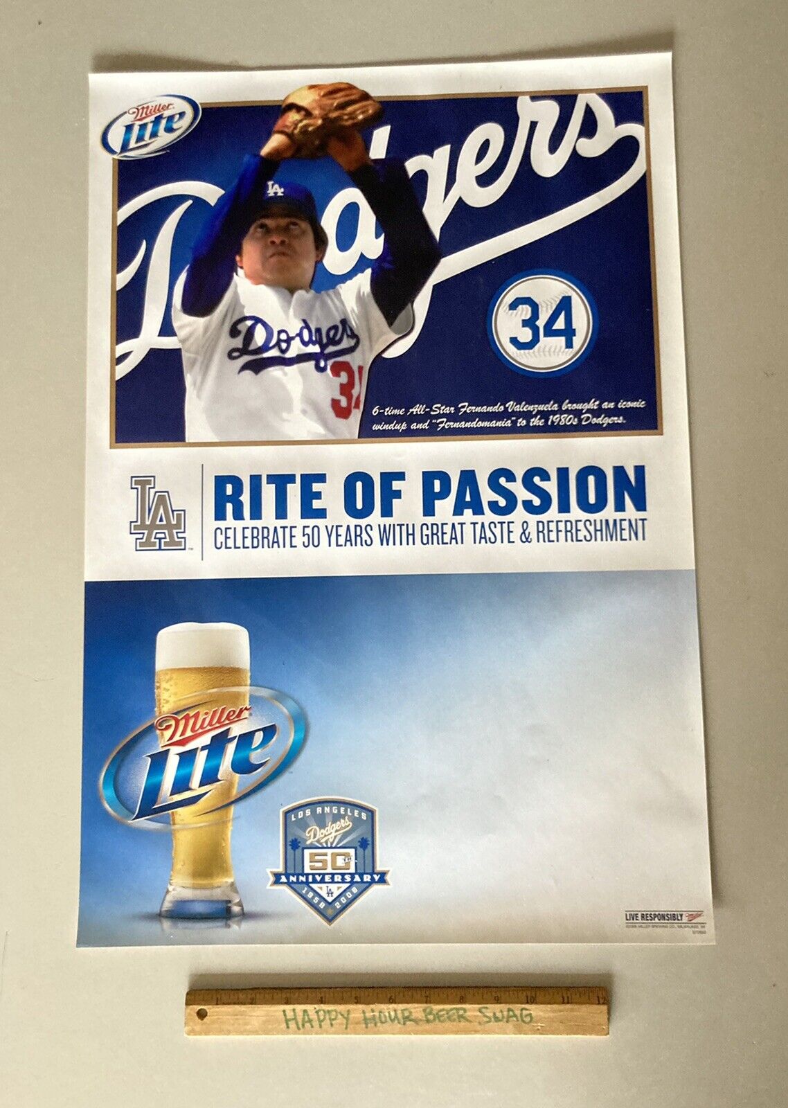 NEW Fernando Valenzuela Dodgers 50th Anniv Paper Poster Miller Lite Beer Sign