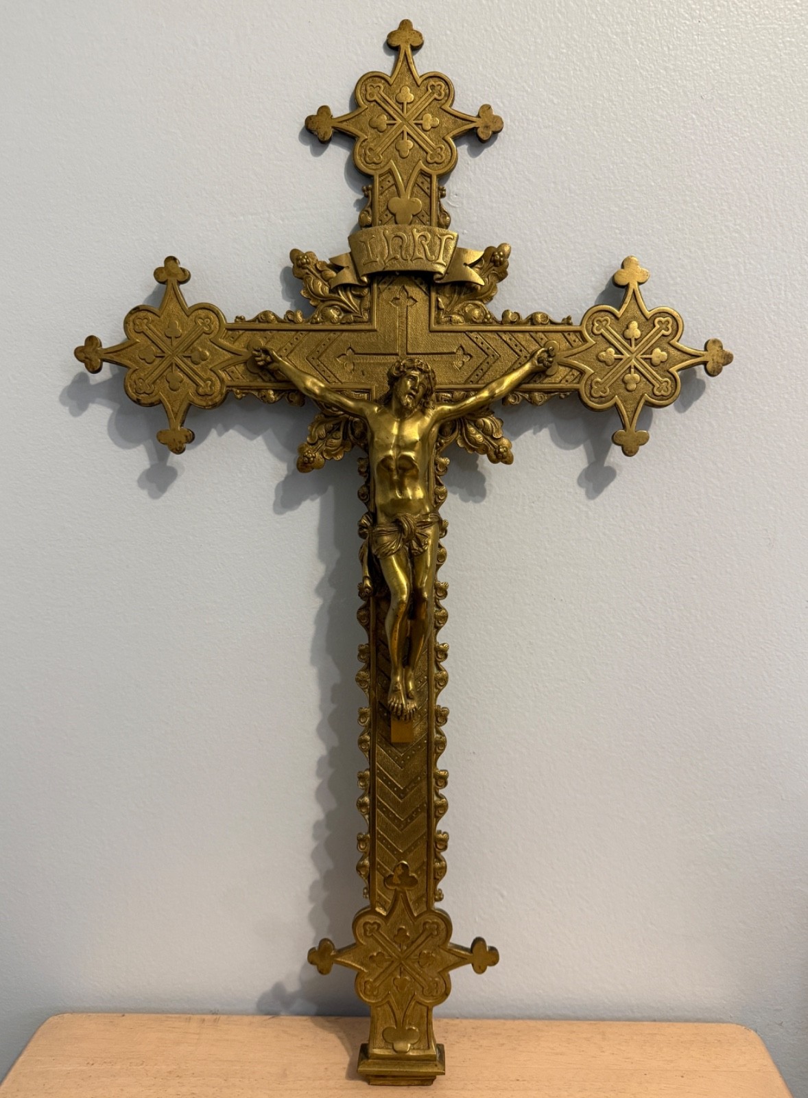 Large Antique Ornate Gothic Revival Brass Cross Crucifix INRI Jesus Large Antique Ornate Gothic Revival Brass Cross Crucifix INRI Jesus