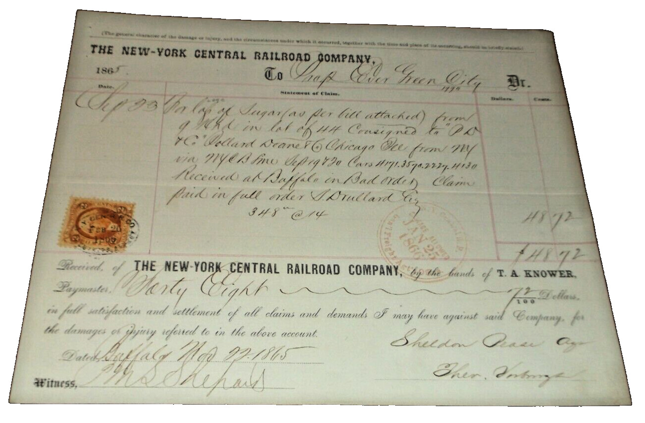 SEPTEMBER 1865 NYC NEW YORK CENTRAL RAILROAD FREIGHT CLAIM BUFFALO NEW YORK