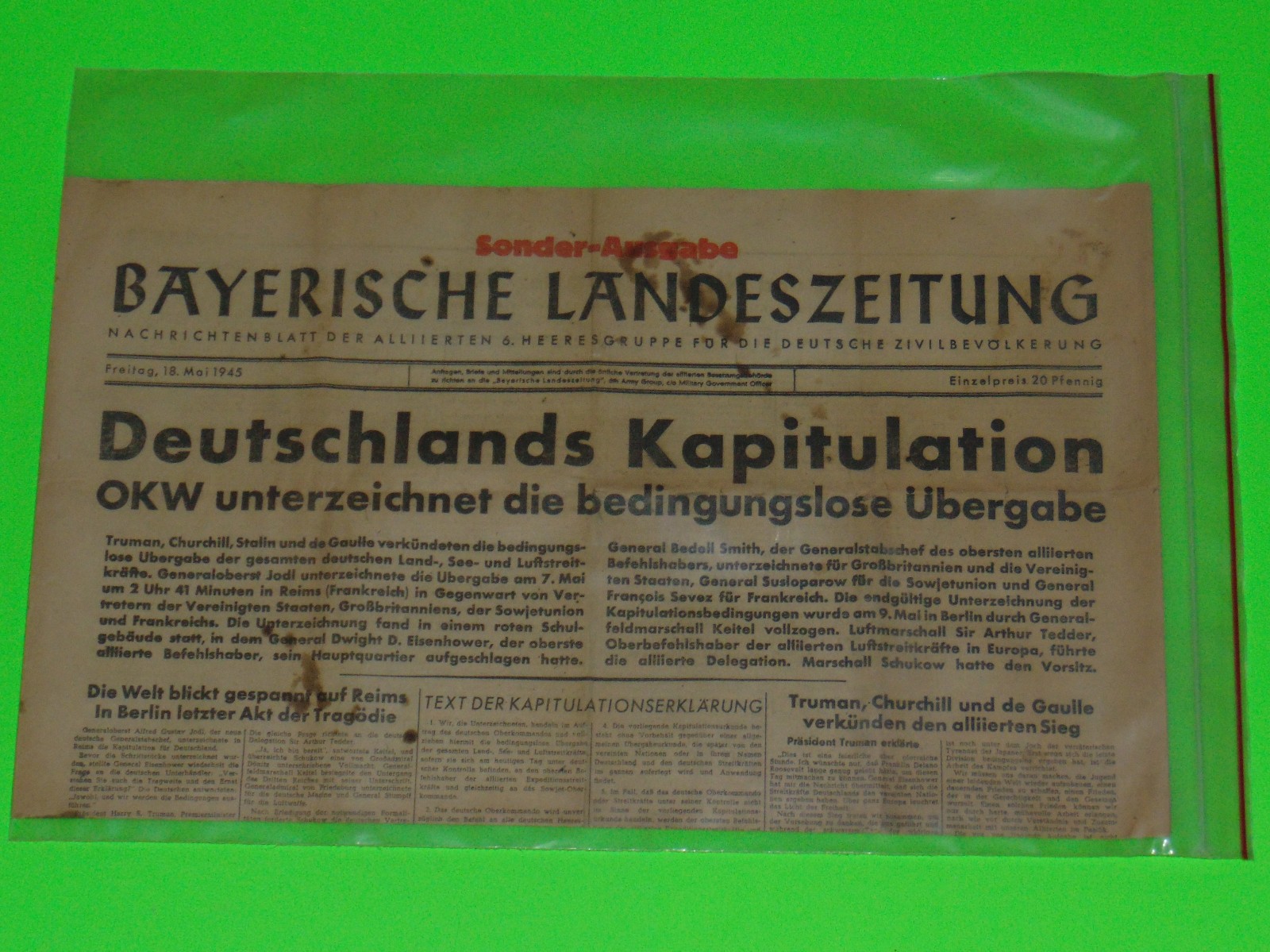 Bayerische Landeszeitung German Newspaper May 18, 1945 WWII Germany Surrenders