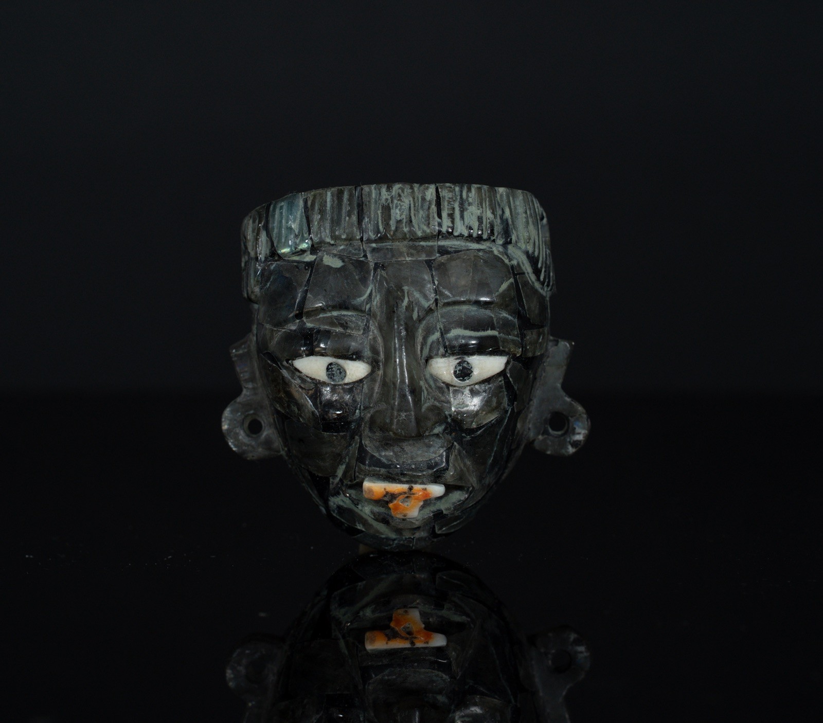 Contemporary Mayan mask pendant Handmade Granite with Shell & Bone Inlays