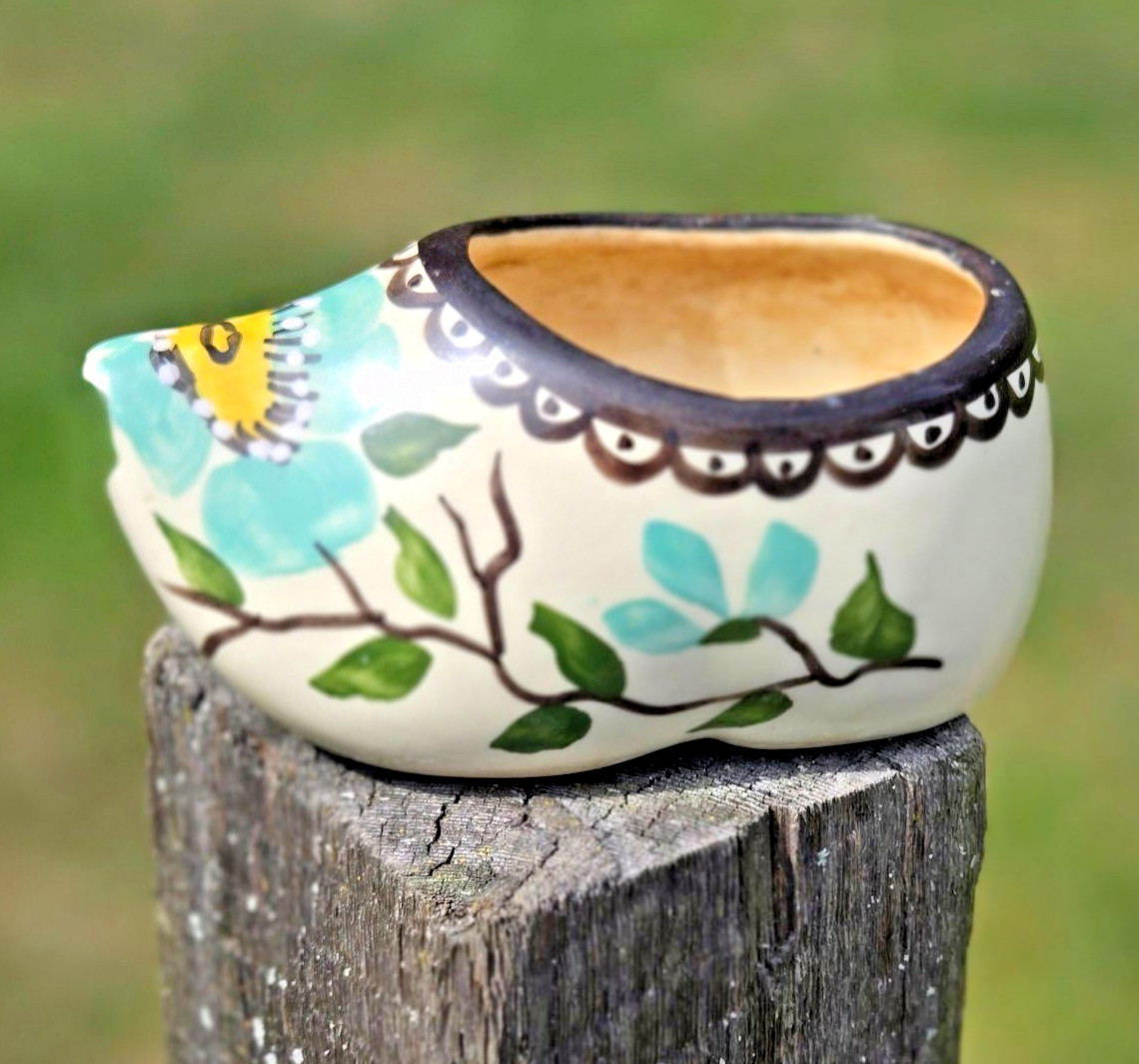 Vintage Hand Painted Dutch Clog Planter Ceramic Shoe vase teal Floral Design