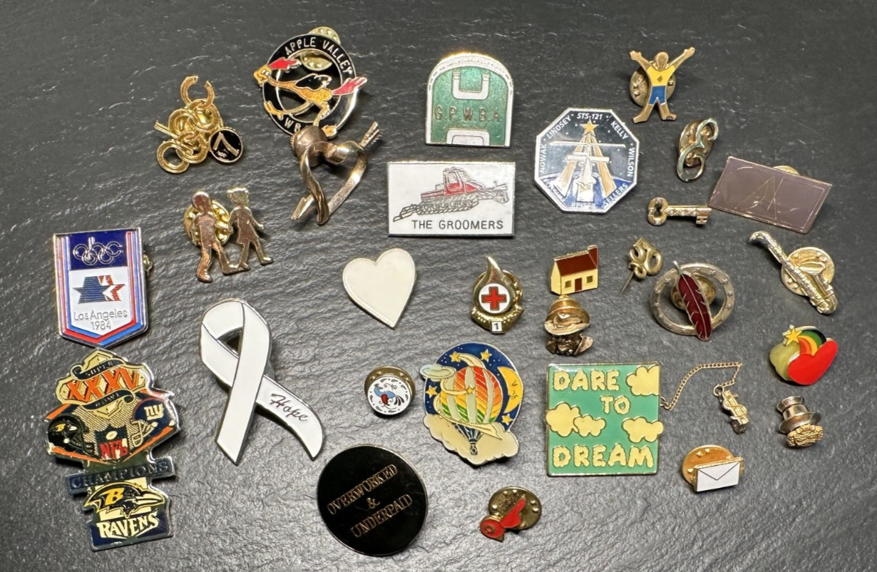 LOT OF 30 VARYING VINTAGE PINS: OLYMPICS, NASA, AVON, RANDOM I175