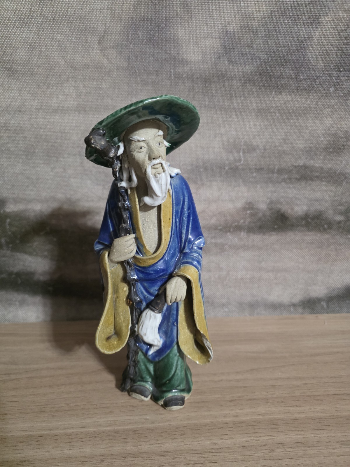 Antique Chinese Mudman Figurine Shiwan Pottery Elder Wise Sage Staff Stamp CHINA Antique Chinese Mudman Figurine Shiwan Pottery Elder Wise Sage Staff Stamp CHINA
