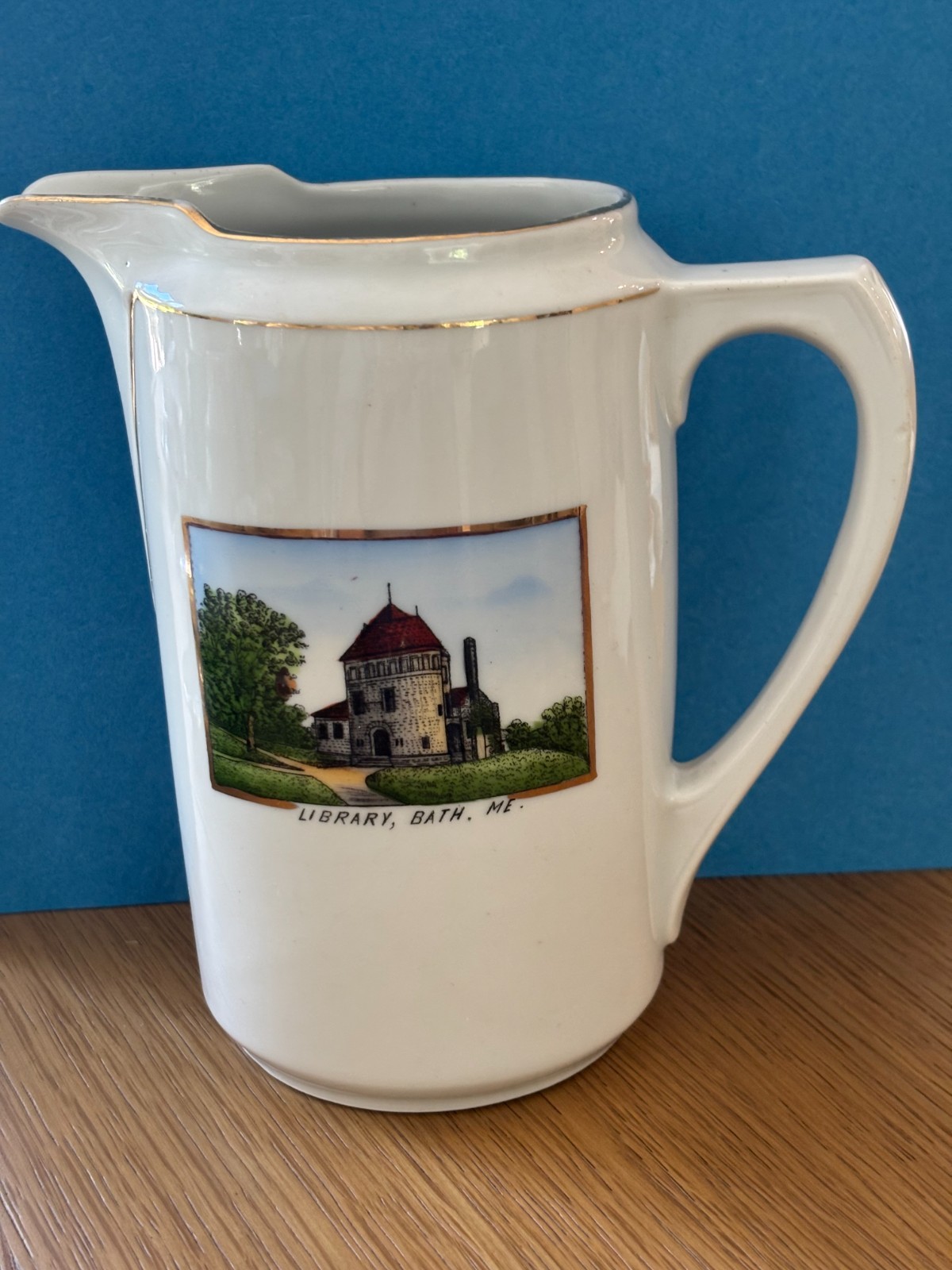 Antique pitcher SOUVENIR CHINA BATH MAINE LIBRARY DAVID T PERCY & SONS STORE Antique pitcher SOUVENIR CHINA BATH MAINE LIBRARY DAVID T PERCY & SONS STORE