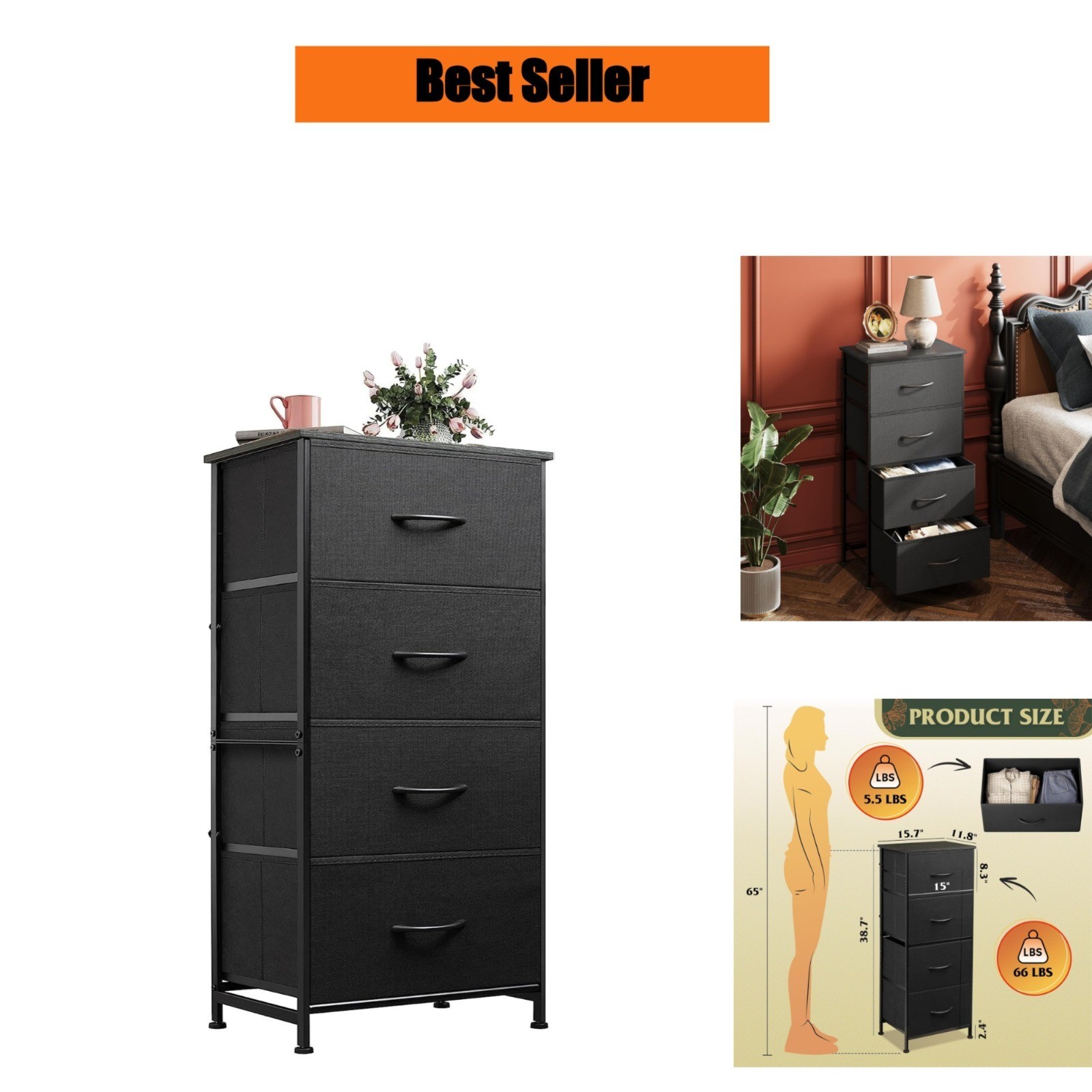 WLIVE 4 Drawer Storage Dresser Charcoal Black Small Space Organizer