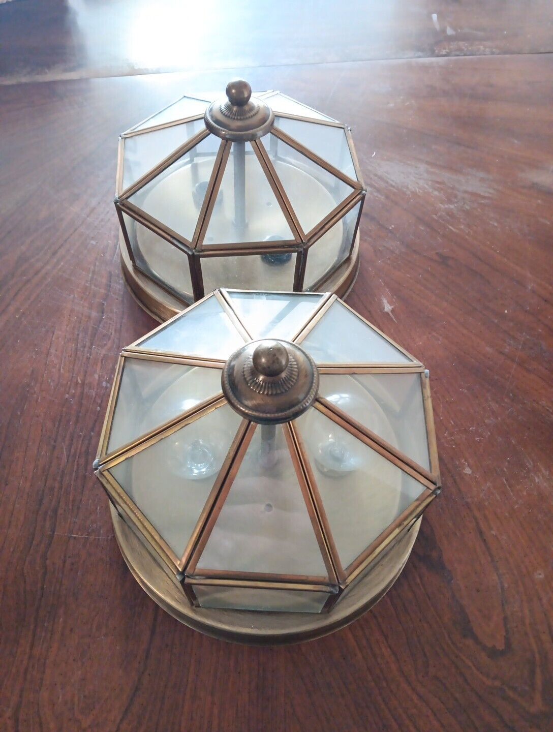 X2 Vintage Octagonal Glass Ceiling Lights Brushed Brass Finish Matching Set VGC
