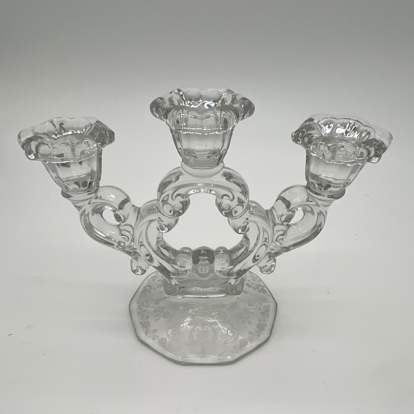 Vintage Elegant Clear Glass 3 Light Candelabra Triple Taper Candle Holder Scroll Vintage Elegant Clear Glass 3 Light Candelabra Triple Taper Candle Holder Scroll