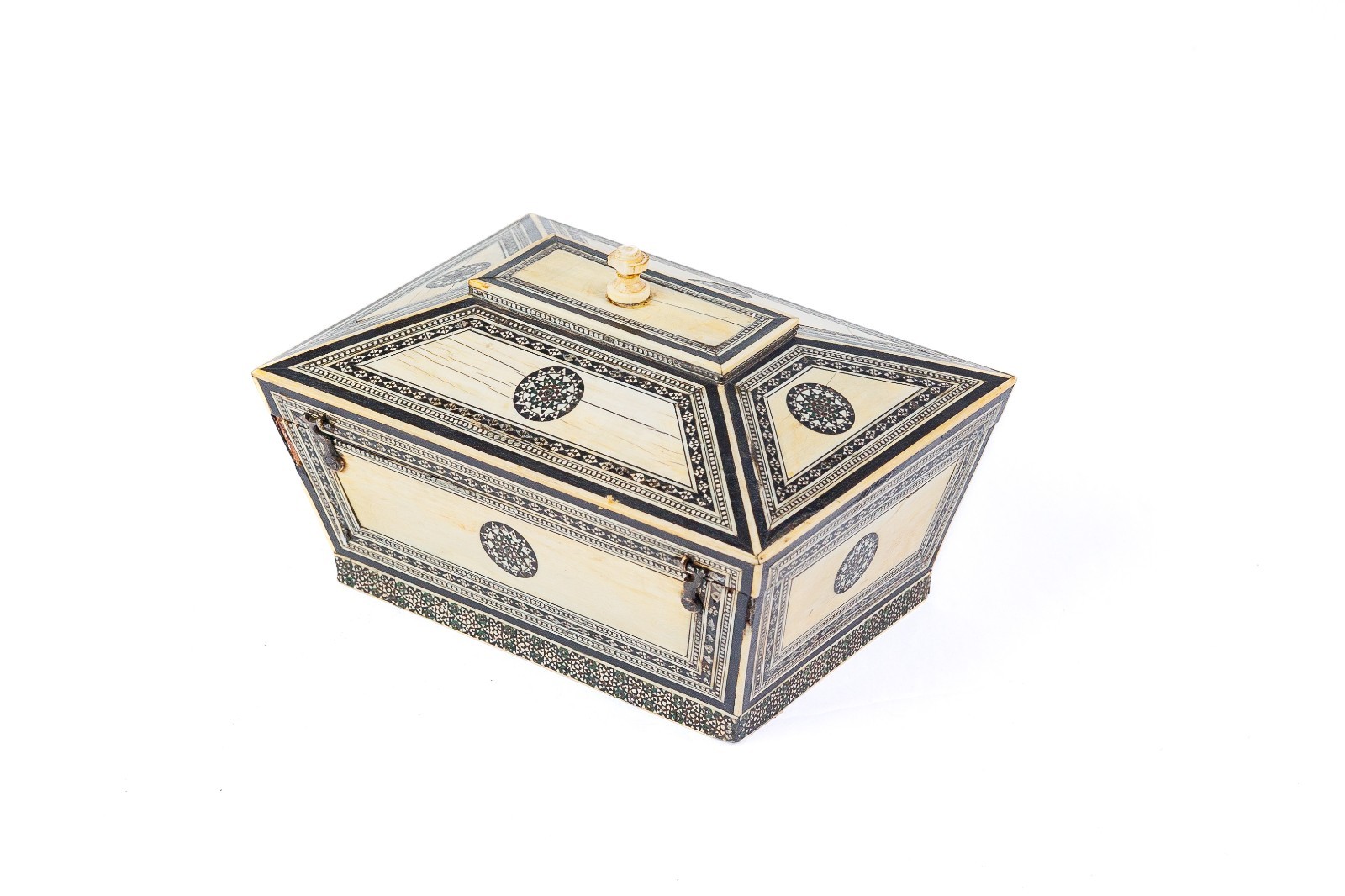 Antique Anglo-Indian Sadeli Mosaic Bone Box, Sarcophagus Form, 19th C. Antique Anglo-Indian Sadeli Mosaic Bone Box, Sarcophagus Form, 19th C.