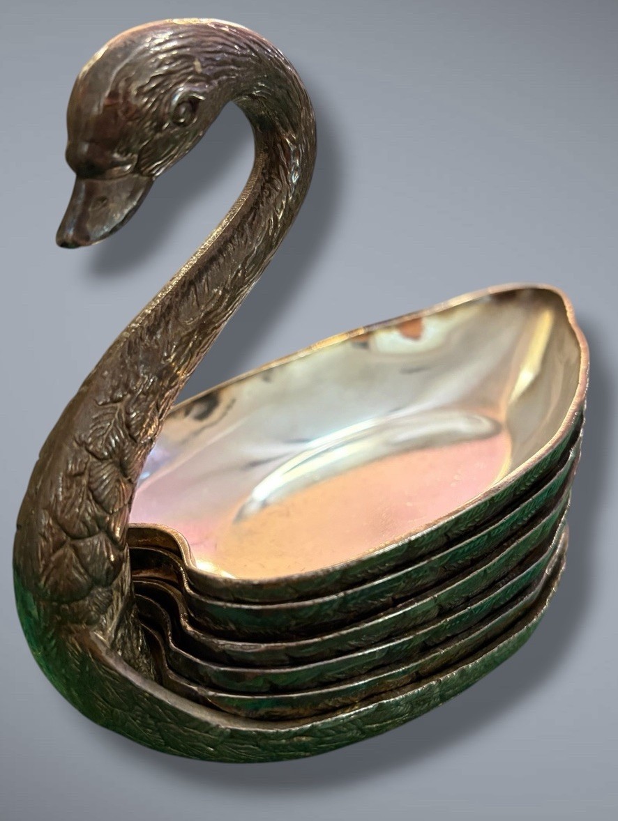Vintage Silver Plate Swan Serving Set 6 Pc Nesting Dishes Brass Bird Holder