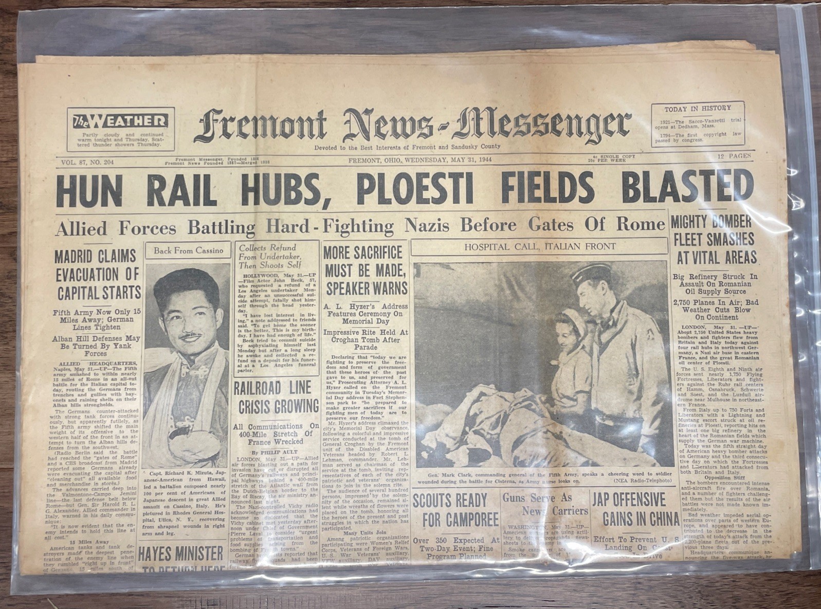 1944 Original WW2 Fremont News Messenger Newspaper Nazis Before Gates Of Rome MH