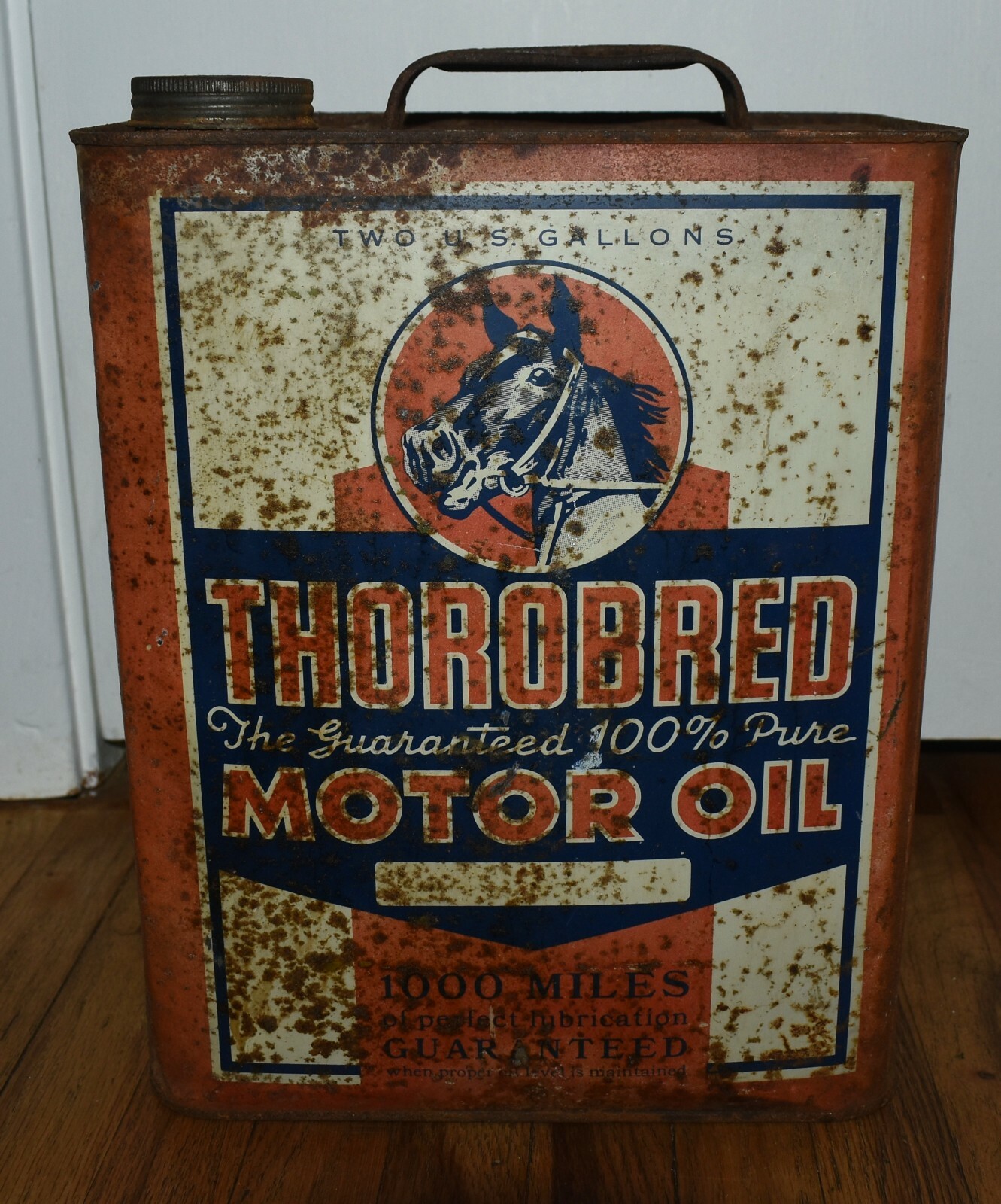 Vintage THOROBRED MOTOR OIL Advertising 2 Gallon Tin Can w HORSE Vintage THOROBRED MOTOR OIL Advertising 2 Gallon Tin Can w HORSE