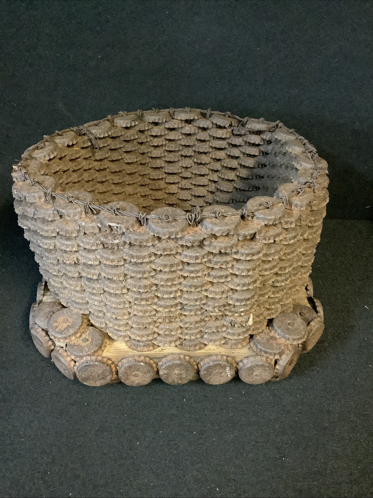 Bottle Cap Metal Basket  Folk Art Hand Crafted Recycled Repurposed (shsw21)