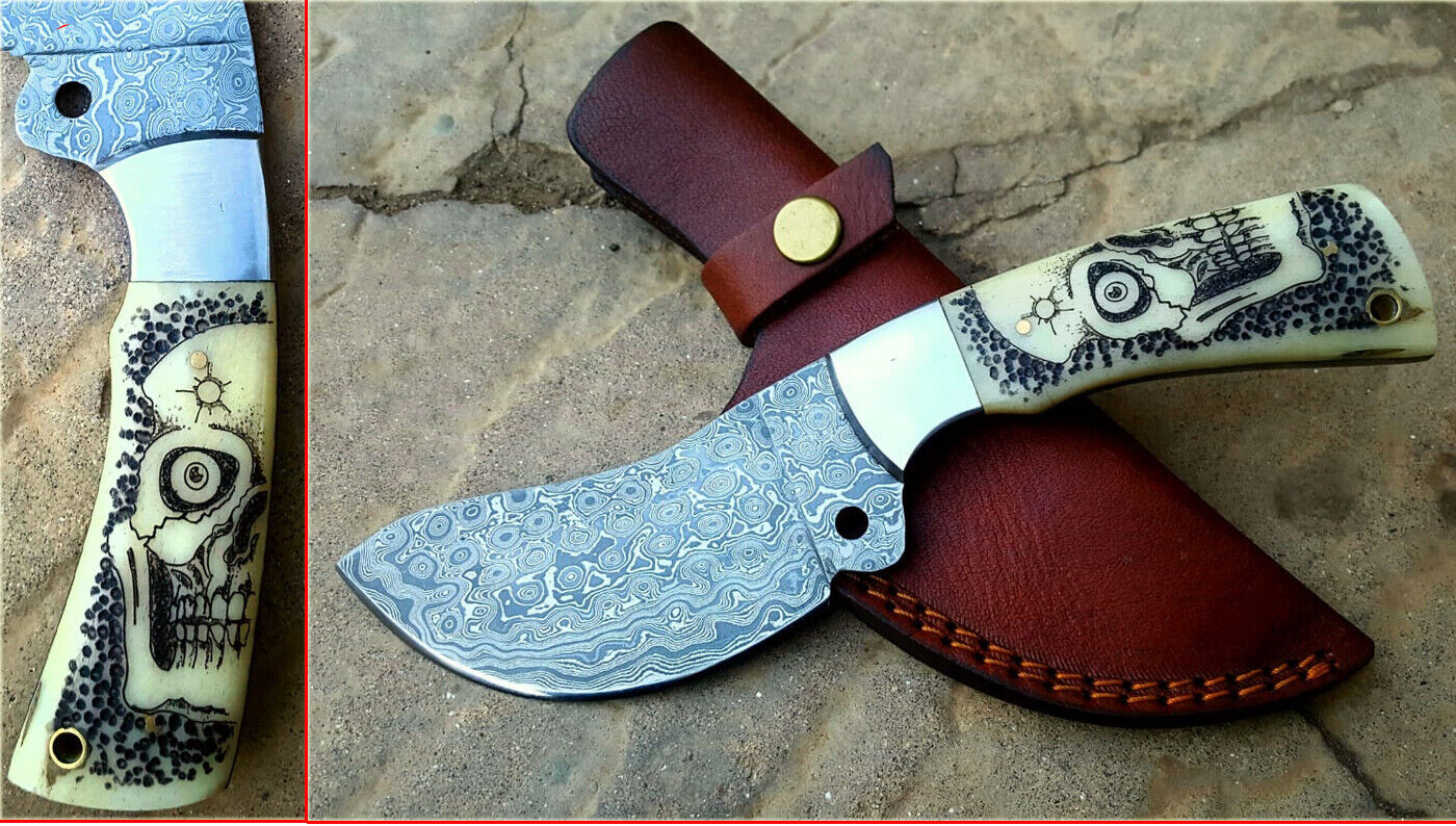 Beautiful Damascus Steel Handmade Art Knife Skull Scrimshaw Bone Handle(A2005)  