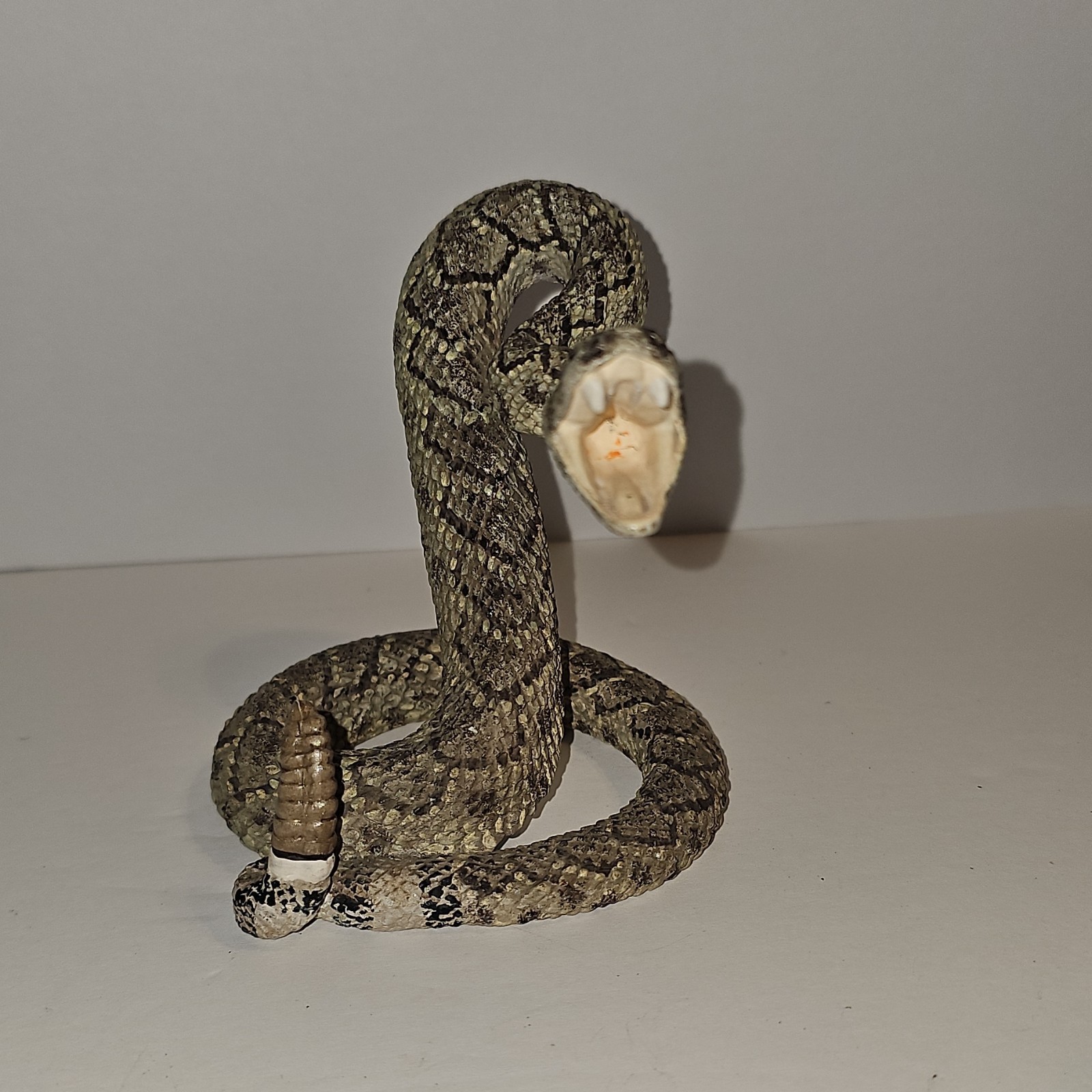 Rattlesnake Figurine Coiled Striking Open Mouth Gray & White Plastic Collectible
