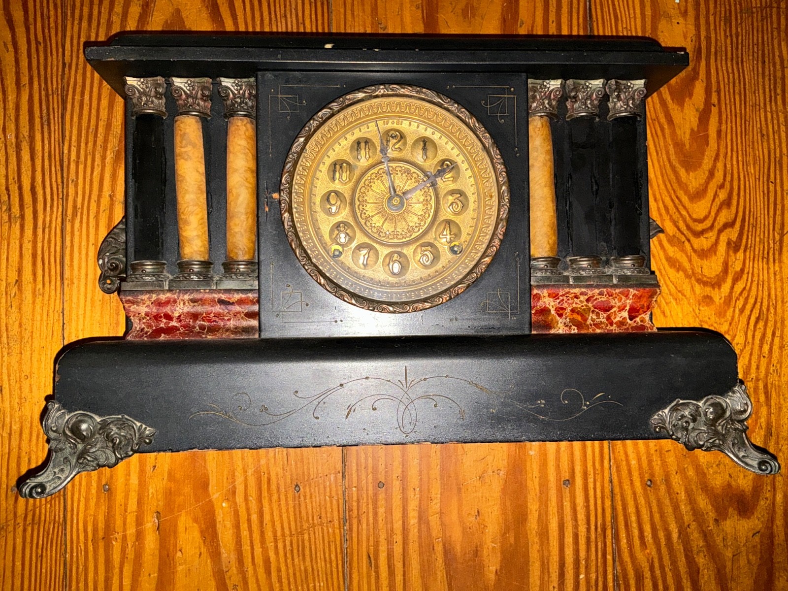 π ANTIQUE SESSIONS 6-Column Clock & Pendulum NEEDS REPAIR π ANTIQUE SESSIONS 6-Column Clock & Pendulum NEEDS REPAIR