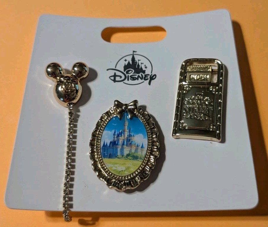 Disney Fashion Jewelry Pin Set Golden Classic Trash Can Mickey Balloon Castle Disney Fashion Jewelry Pin Set Golden Classic Trash Can Mickey Balloon Castle